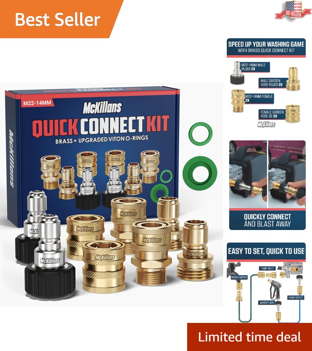 Brass Pressure Washer Quick Connect Kit, M22-14mm to 3/8″ – Complete Solution