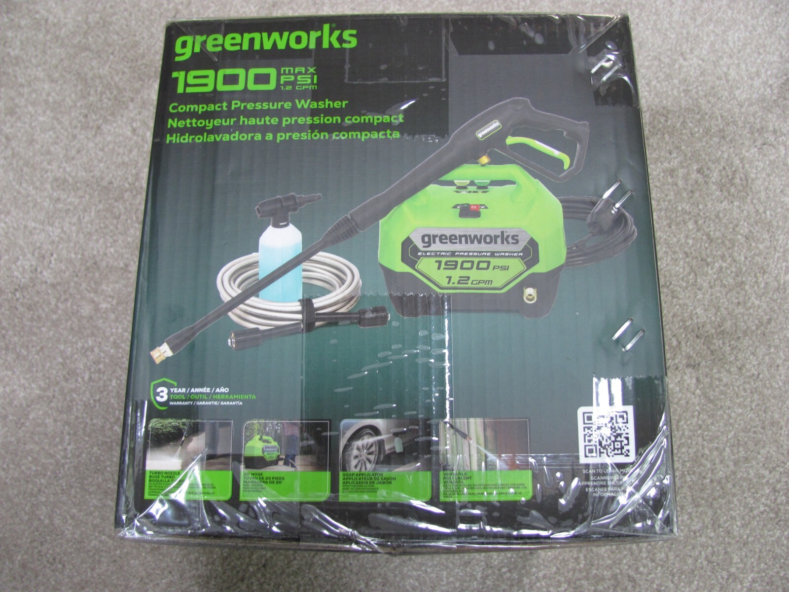 New Greenworks 1900 MAX PSI 1.2 GPM Electric Compact Pressure Washer (GPW1901)