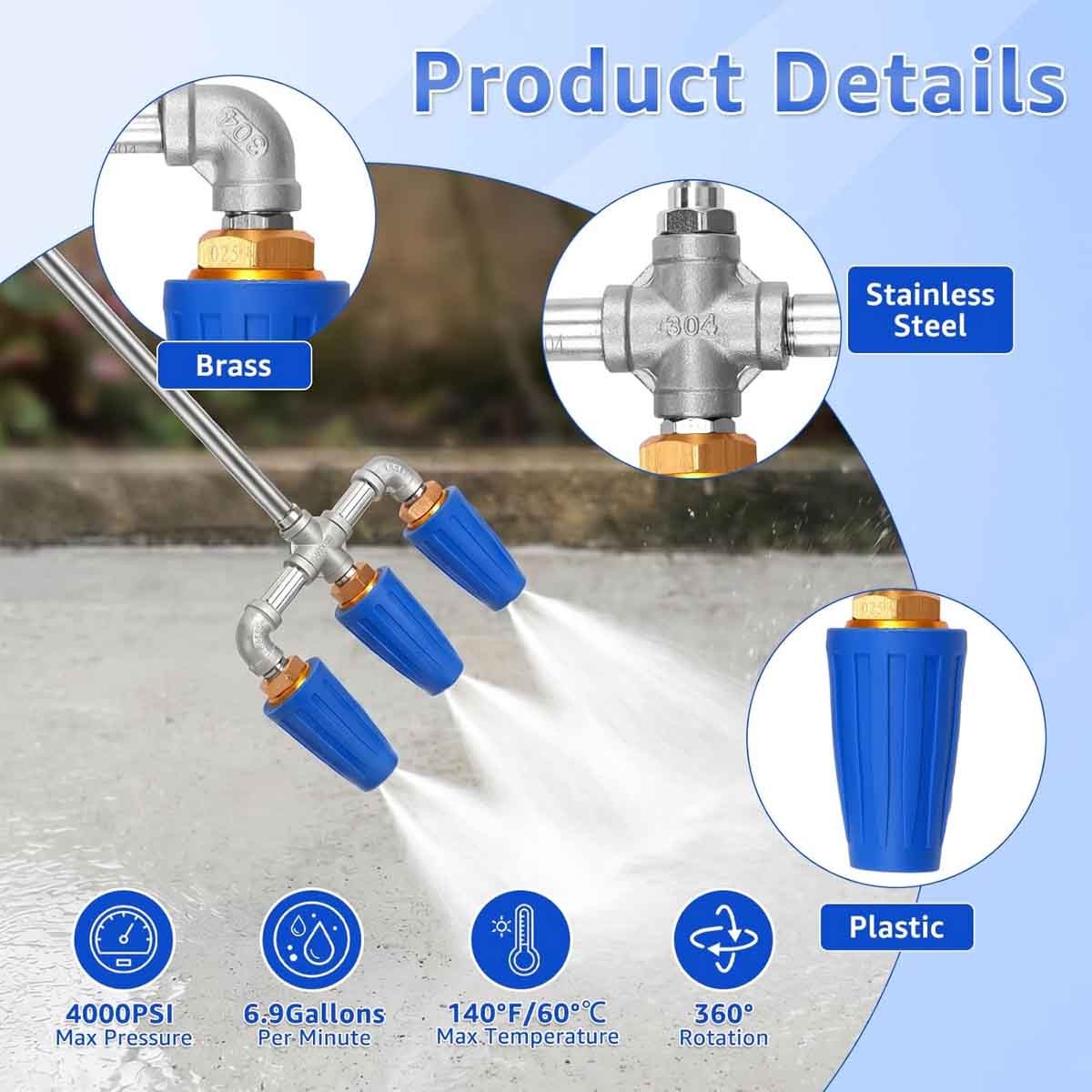 3 in 1 4000 PSI Multi Head Tip Wash Attachments 360° Rotating Spray Tips