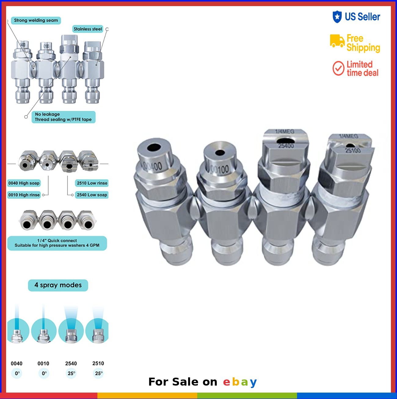Pressure Washer Nozzle 4 GPM 1/4 Quick Connect 4 Way J Rod Soft Wash Accessories