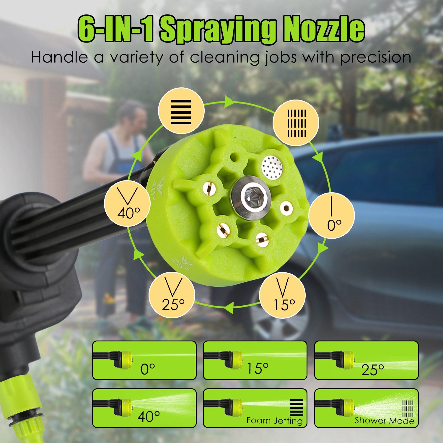 High Pressure Water Sprayer 435PSI Power Car Washer Cleaner with 6-in-1 Nozzle