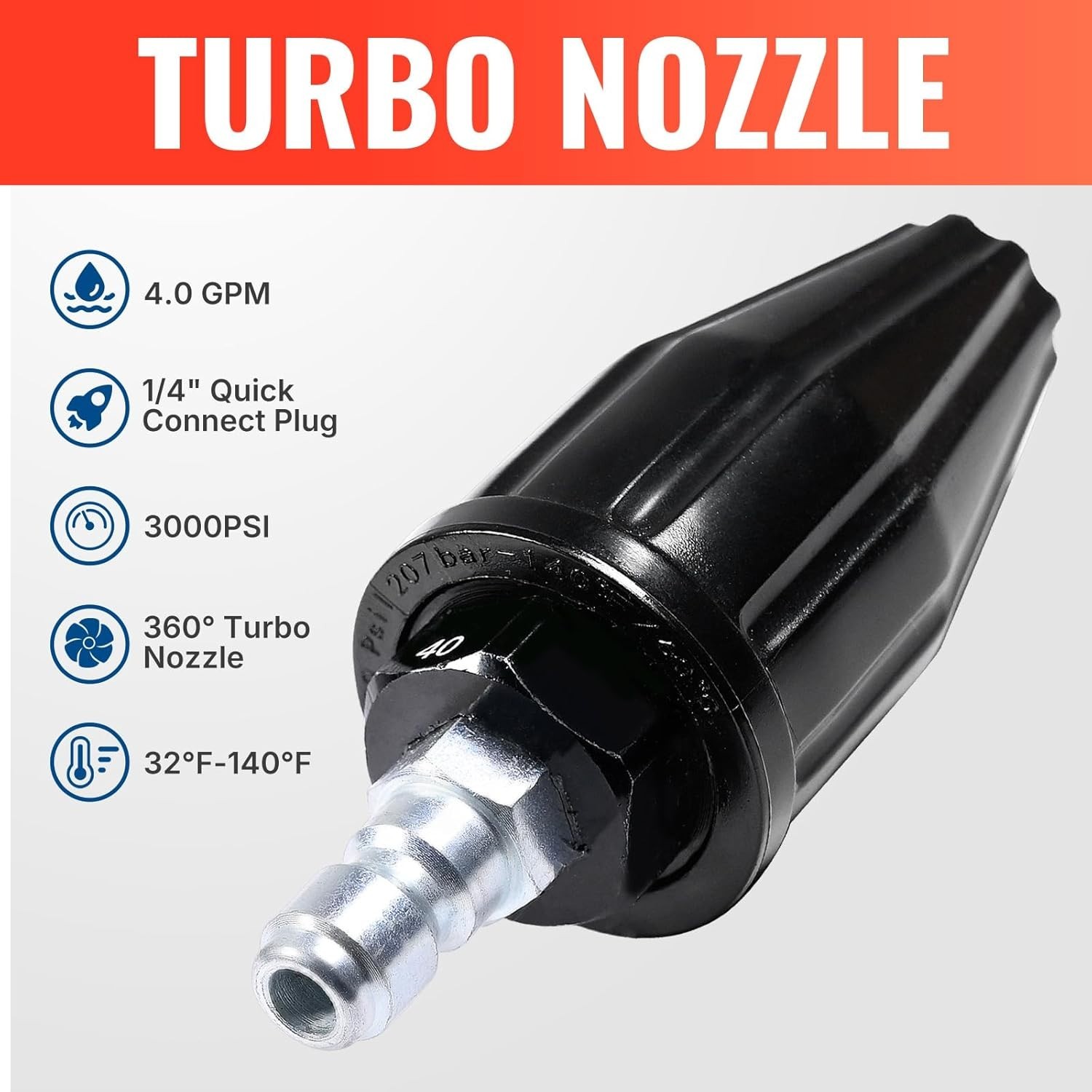 Stainless Steel Turbo Nozzle 4.0 GPM – 360° Rotating for Powerful Dirt Removal