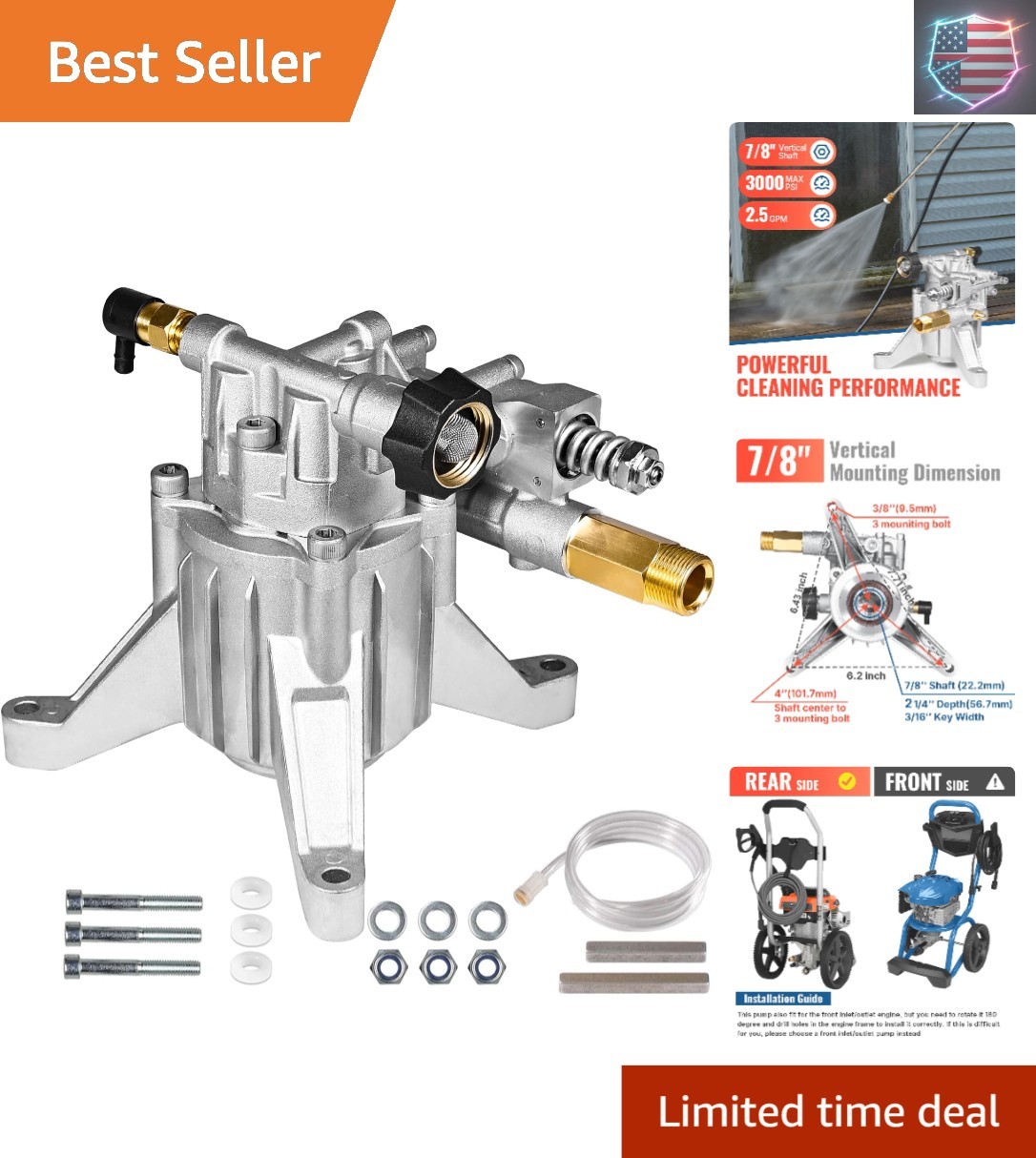7/8″ Shaft Vertical Pressure Washer Pump Rear Inlet/Outlet 3000 PSI @ 2.5 GPM…