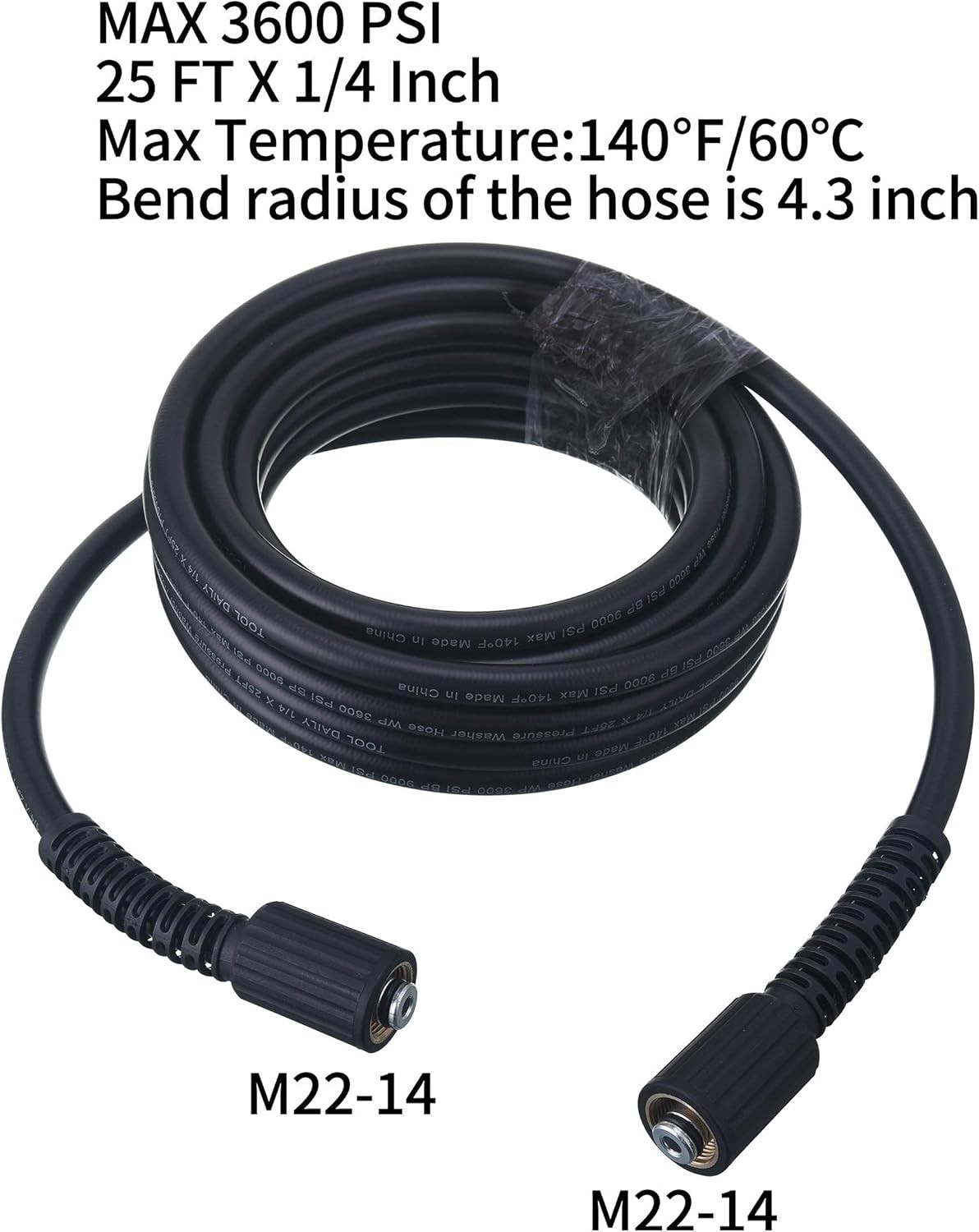 3600 PSI 25 FT Pressure Washer Hose – M22 14mm, Non-Kink & Weather Resistant