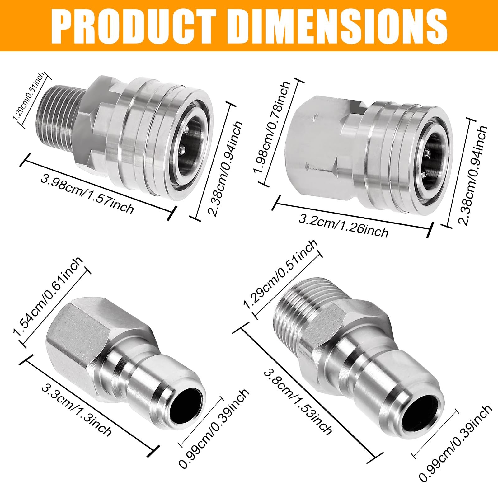 4 Pack 1/4 Pressure Washer Quick Connect Fittings, 5000PSI, Steel, F, M