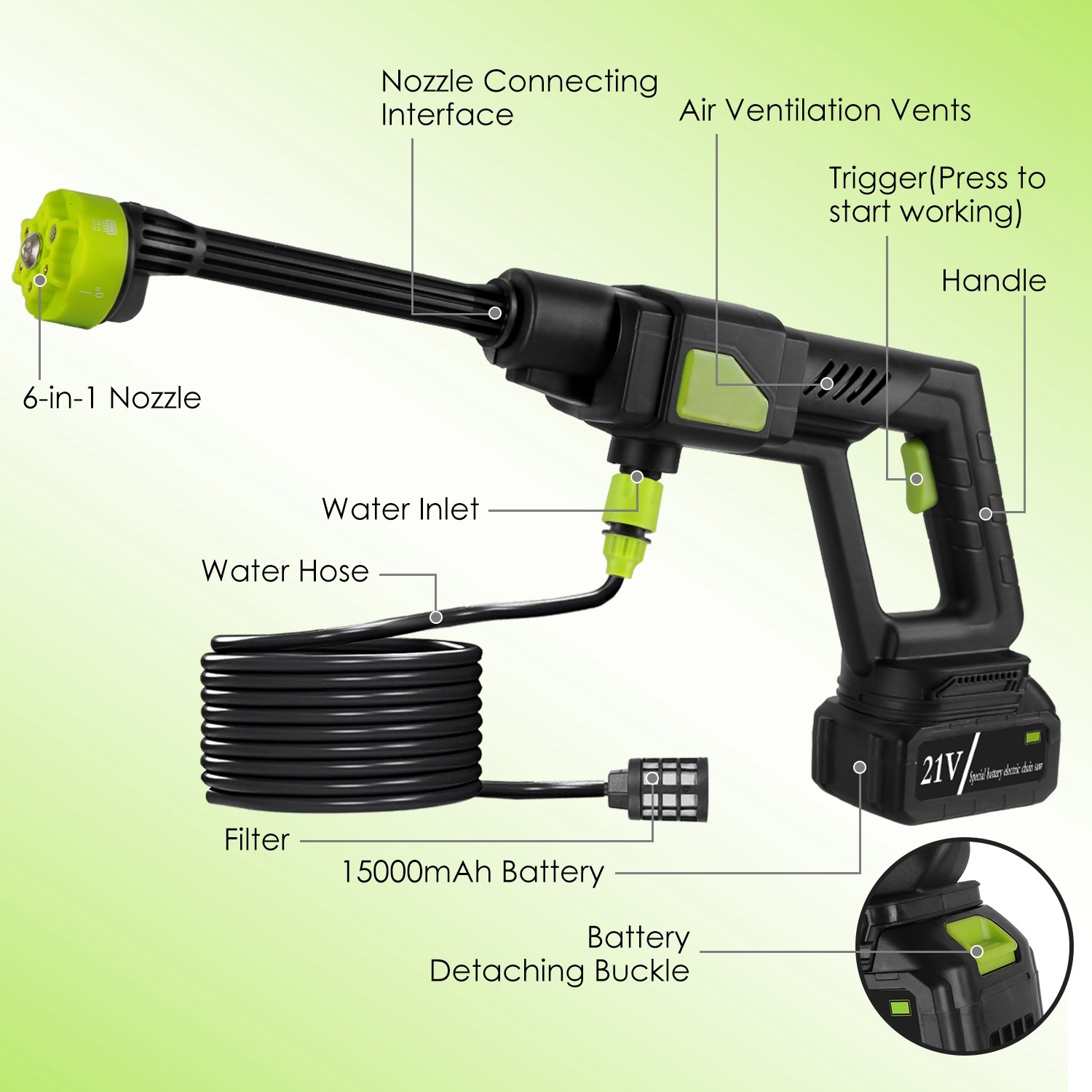 High Pressure Water Sprayer 435PSI Power Car Washer Cleaner with 6-in-1 Nozzle