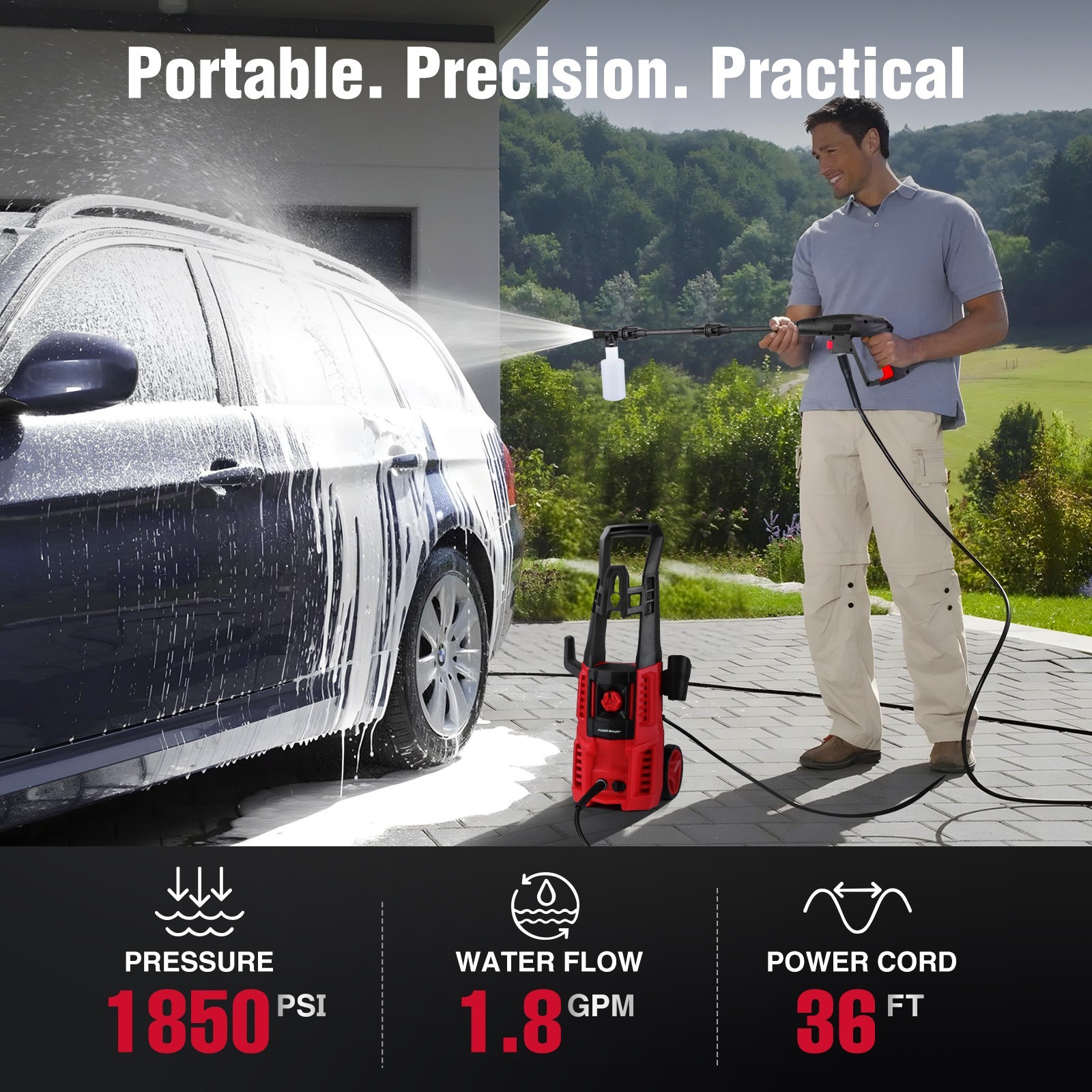 PowerSmart 1850PSI Electric Pressure Washer, 1.8GPM, 23ft Hose, Home Use, New