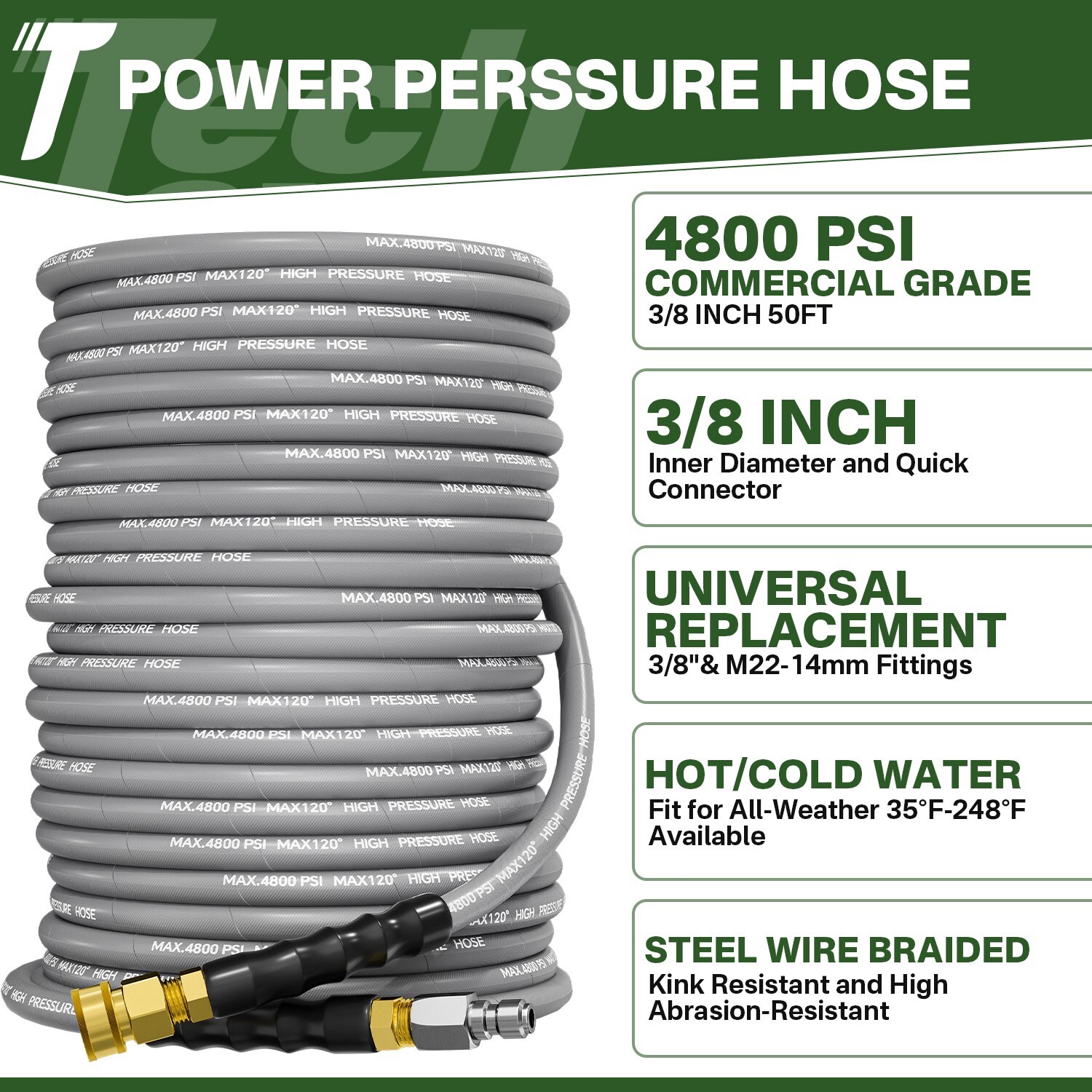 50FT 4800PSI Pressure Washer Hose 5000PSI Pressure Washer Gun 15″ Extension Wand
