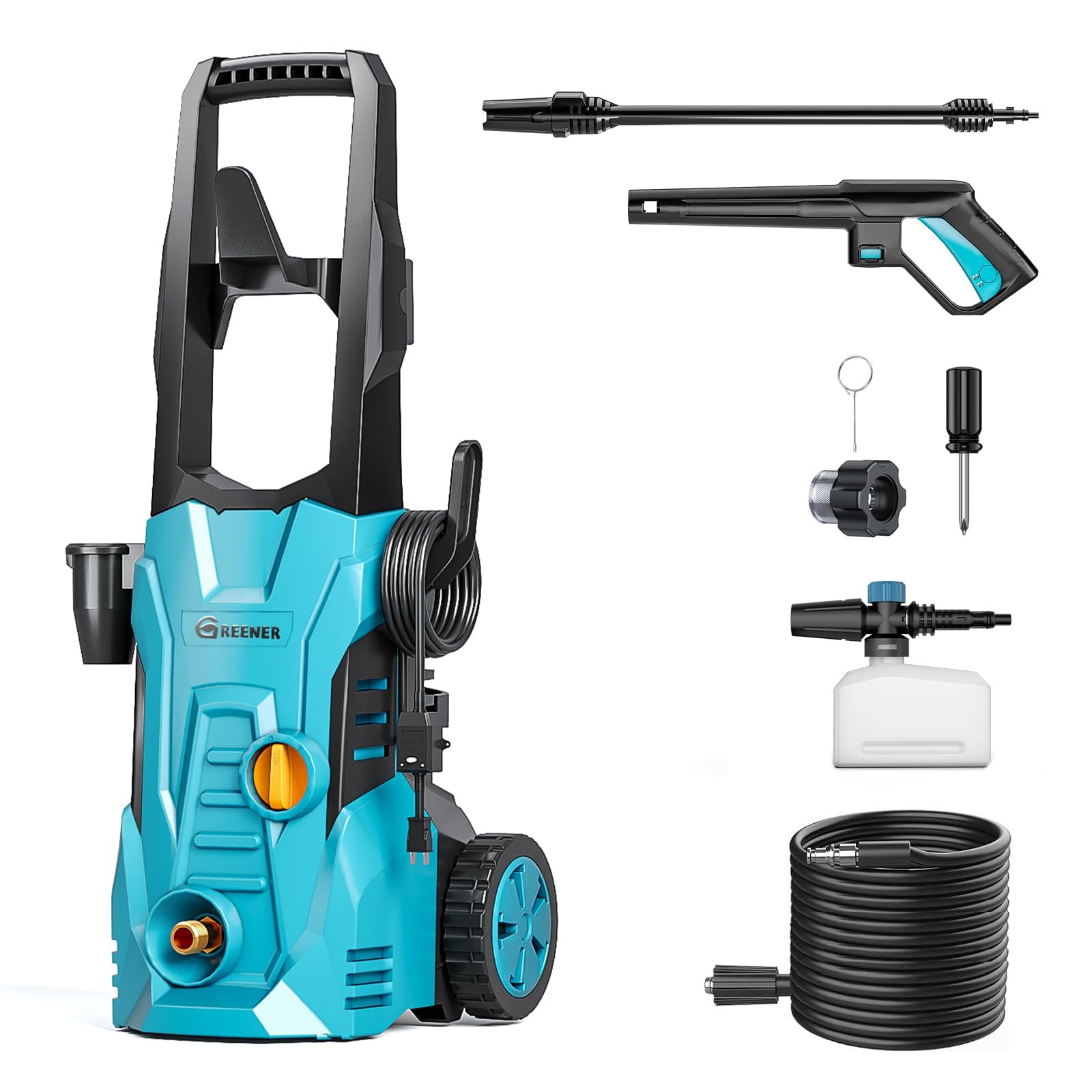GREENER ELECTRIC PRESSURE WASHER 3800 PSI, 50FT HOSE, SOAP CANNON – BLUE