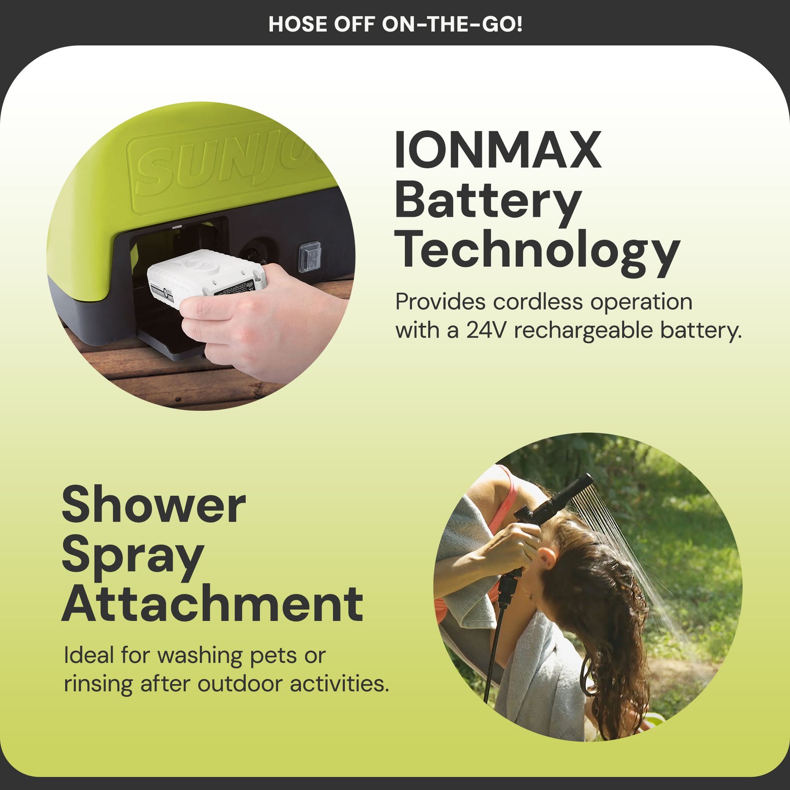 Sun Joe 24V IONMAX Cordless Portable Sink/Shower Spray Washer Kit with Battery