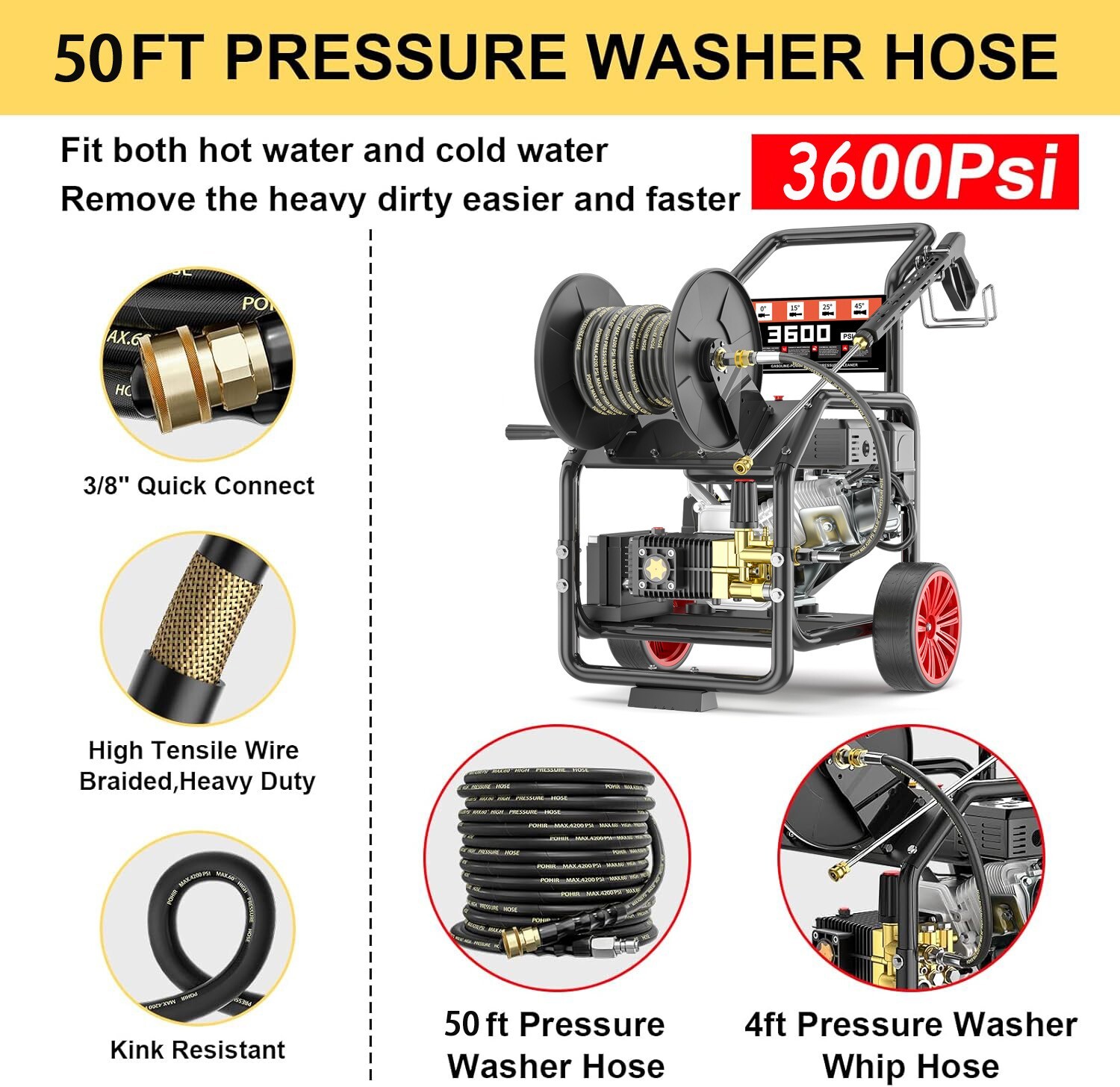 POHIR Gas Pressure Washer w/ Electric Start 50FT Hose 3600 PSI 3.3 GPM 5 Nozzles