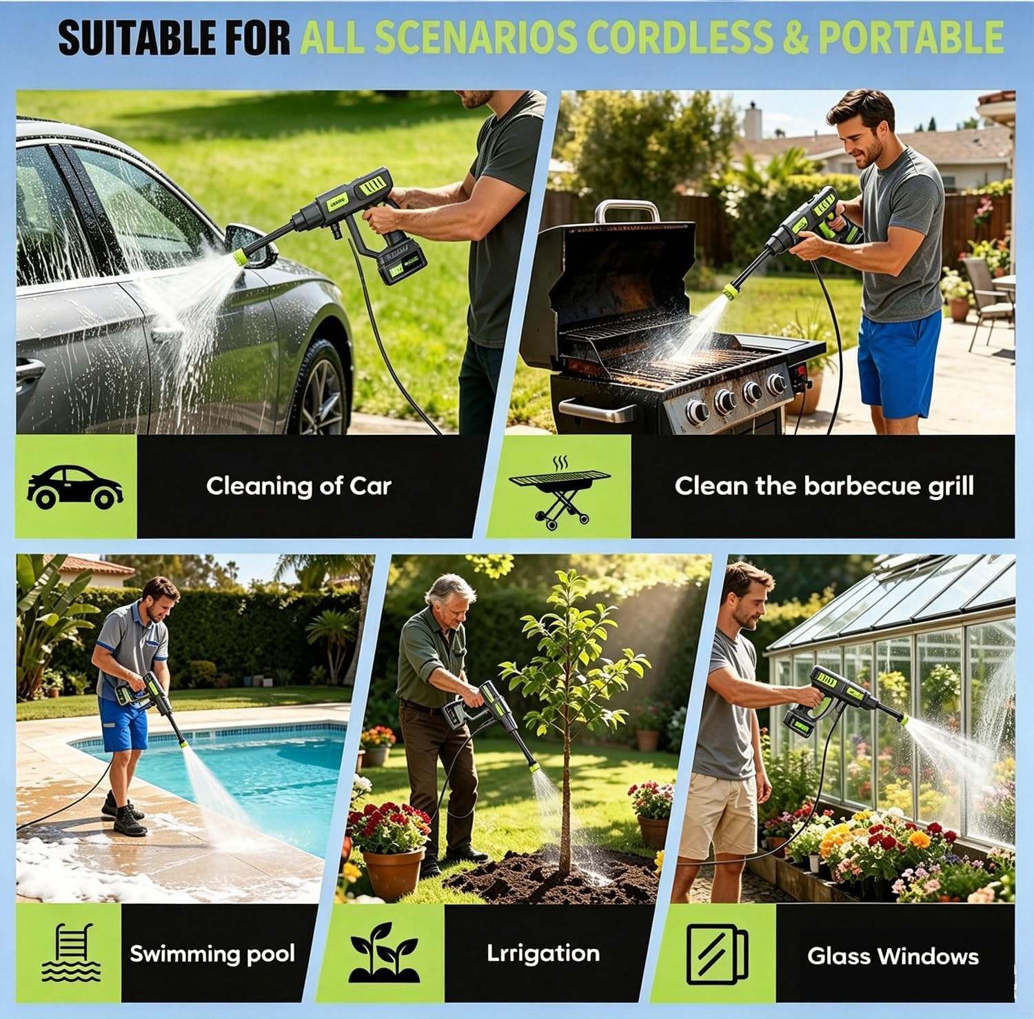 Cordless Car Washer,1000 PSI with Half-Hour Runtime & 6-In-1 Swivel Nozzle, 16.4