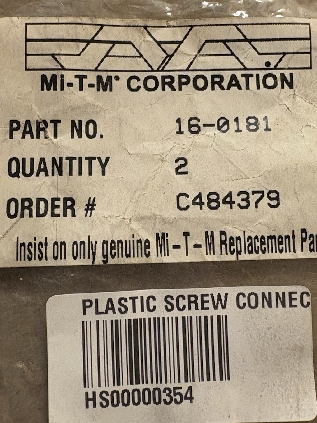 GENUINE OEM NOS Mi-T-M 16-0101 PLASTIC SCREW CONNECTOR MALE WAND [9892E]