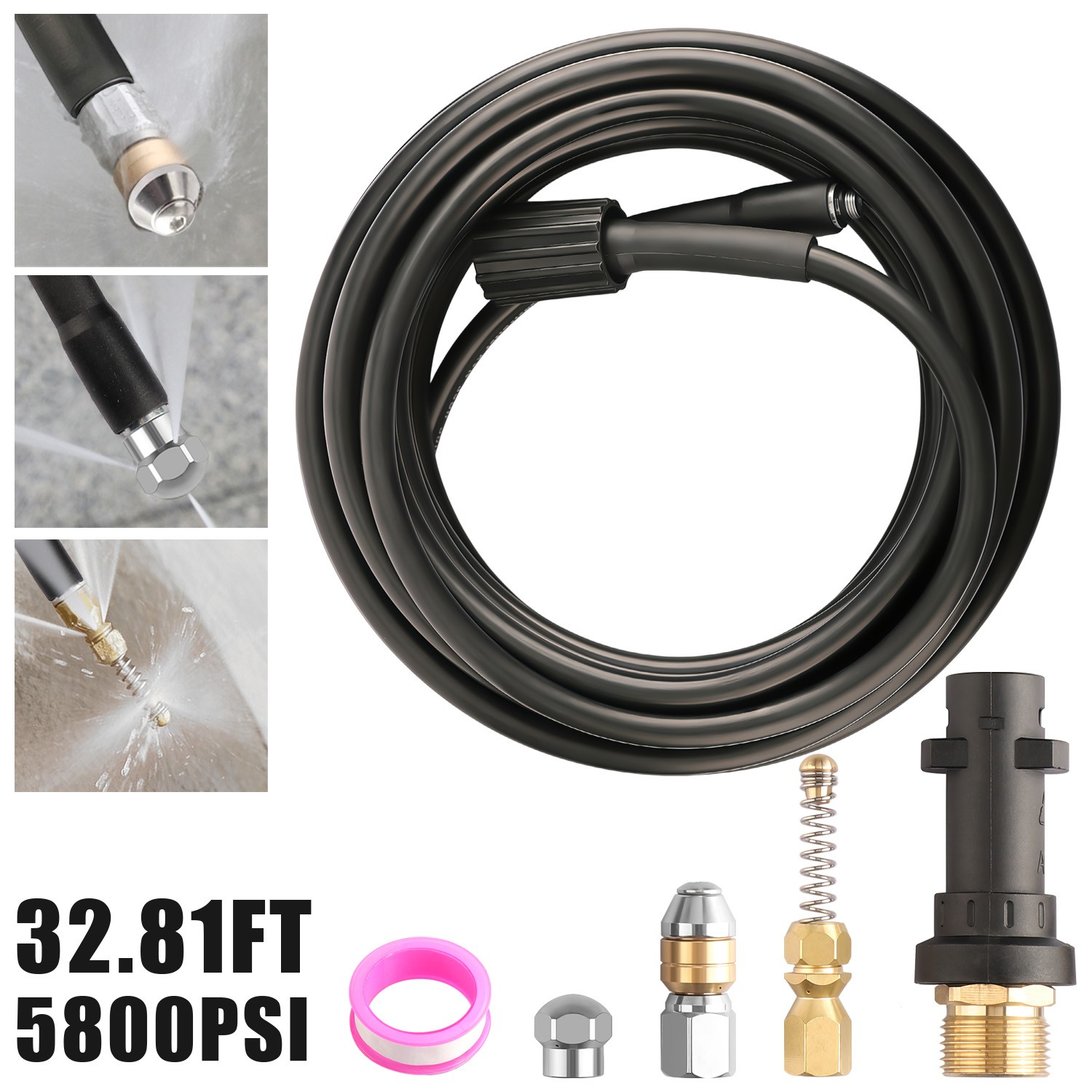5800PSI Sewer Jetter Nozzles Kit 32FT Drain Cleaning Hose for Pressure Washer