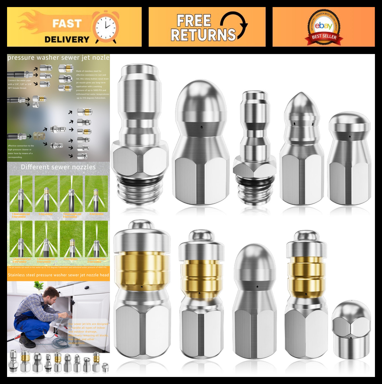 10-Pack Jetter Nozzle Kit – Rotating Drain Cleaning Tips for Pressure Washer, 50