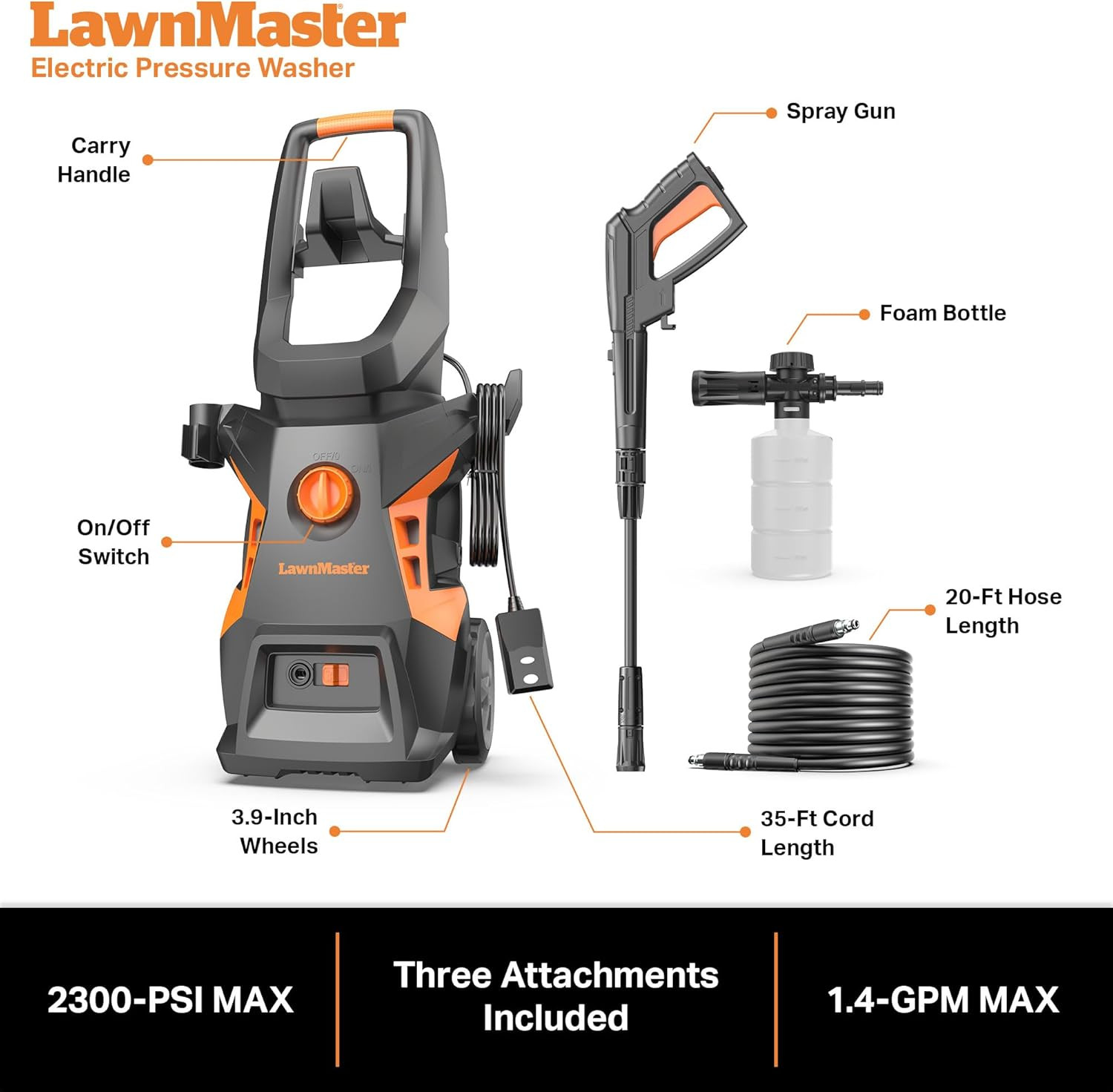 LT506-2000A Electric Pressure Washer 2300 PSI with Detergent Bottle, 13 Amp
