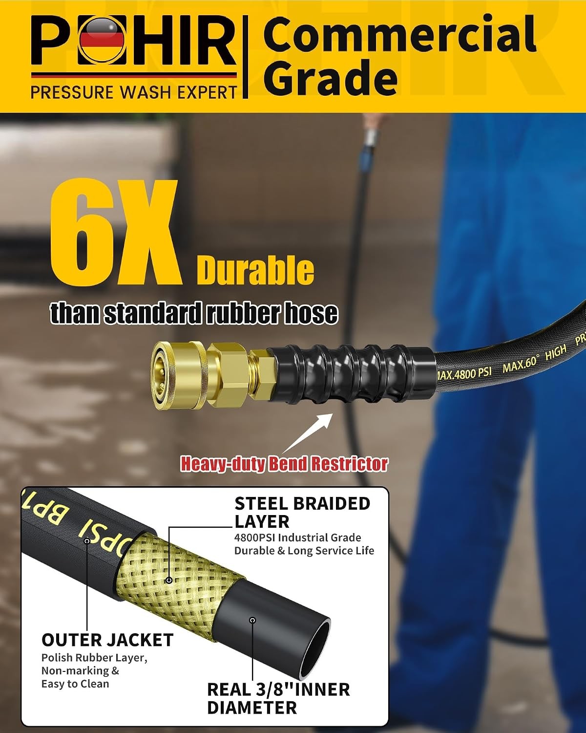 3/8″x50ft 4800PSI Pressure Washer Hose Steel Wire