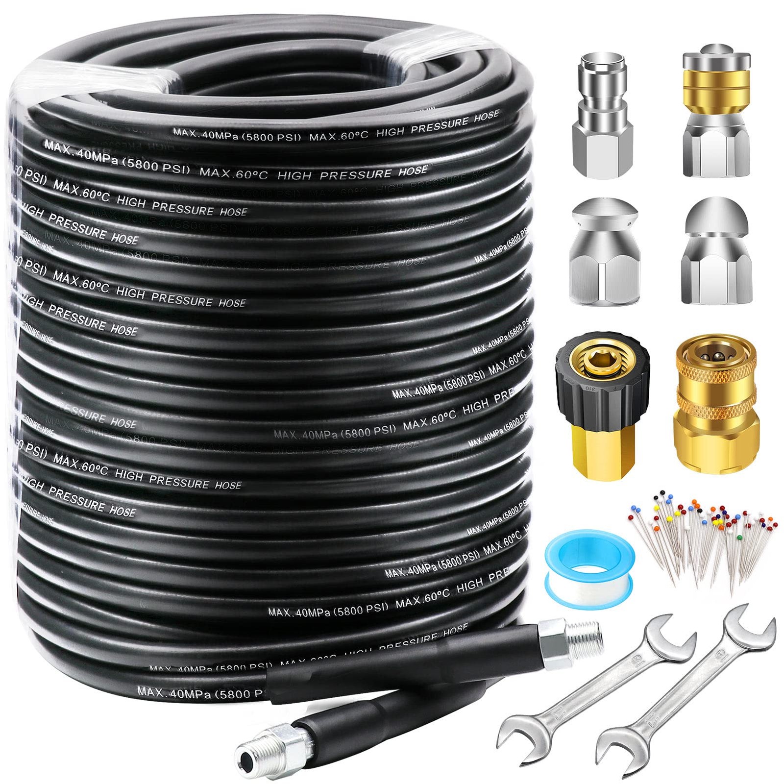 150FT Sewer Jetter Kit for Pressure Washer, 5800PSI Drain Cleaner Hose 1/4 In…