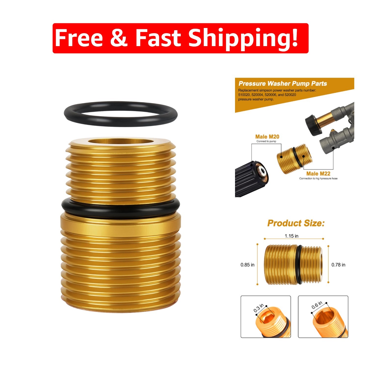 Simpson 3100 PSI Pressure Washer M20 to M22 Male Fitting – Durable Gold Adapter