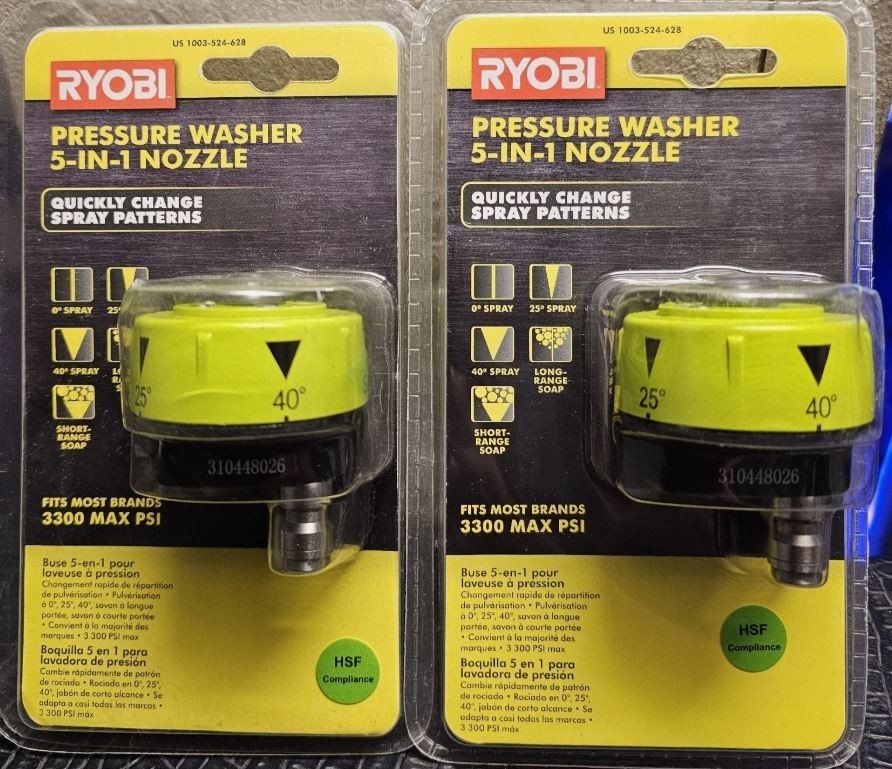 (2)-RYOBI 5-in-1 3,300 PSI GAS or ELECTRIC PRESSURE WASHER NOZZLES -NEW SEALED