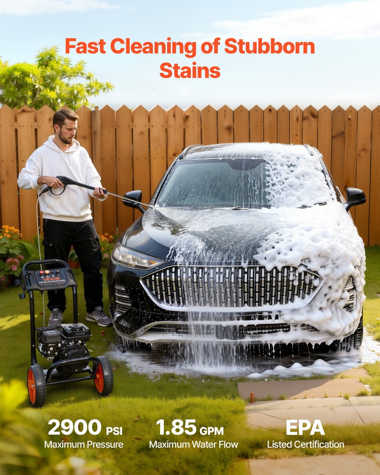 2900 PSI Gas Washer w/ Swash Plate Pump, 4 Nozzles, 10in Wheels, 26.3ft Hose