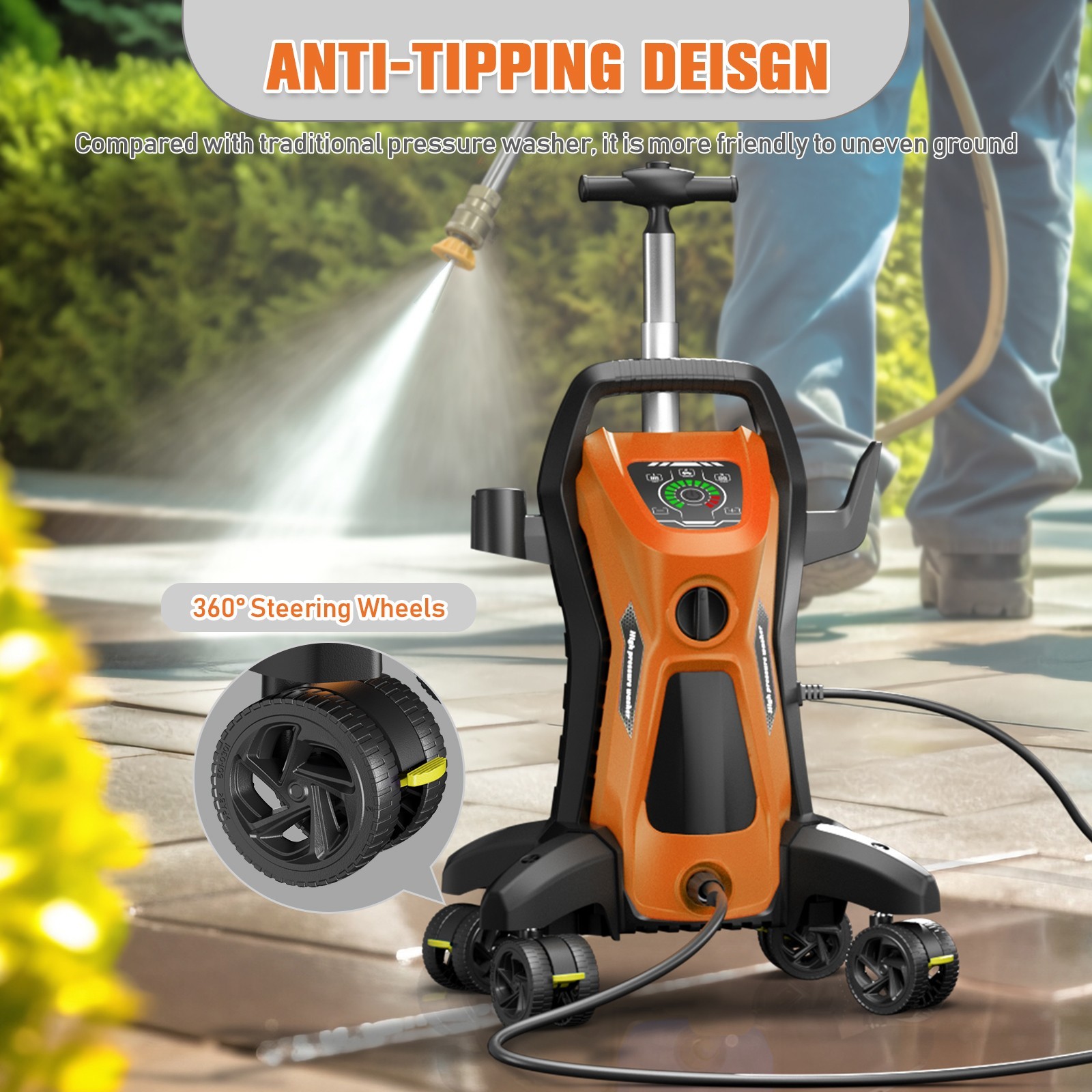 Pressure Washer 4500PSI 3.9GPM, 15-Level Touch, 4 Wheels, 4 Nozzles, for Car