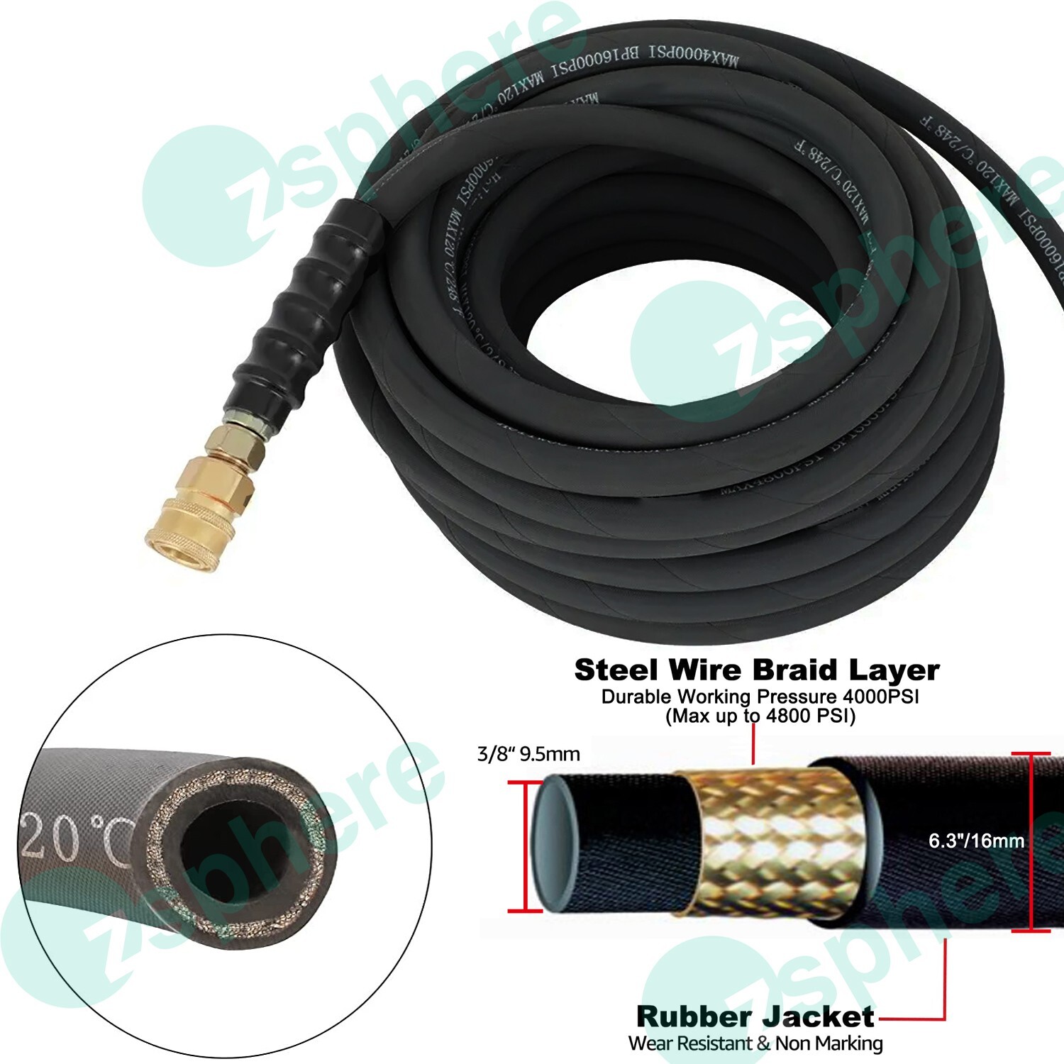 Pressure Washer Hose Reel Kit | 50′ Rubber Steel Hose and 4′ Jumper with 3/8″ QC