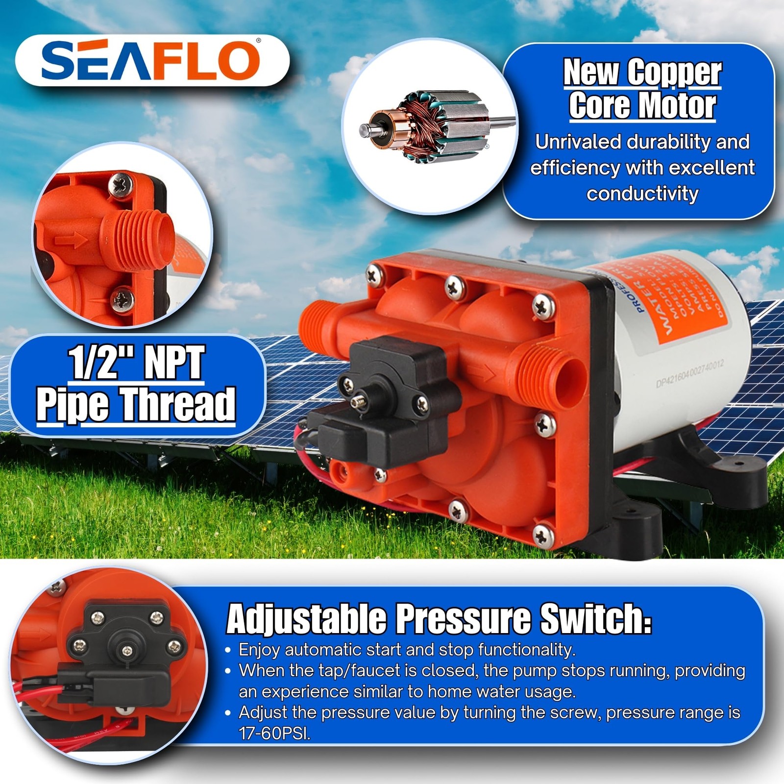 12V Diaphragm Pump 3.0 GPM 55PSI for Marine, RV, Off-Grid, Boats