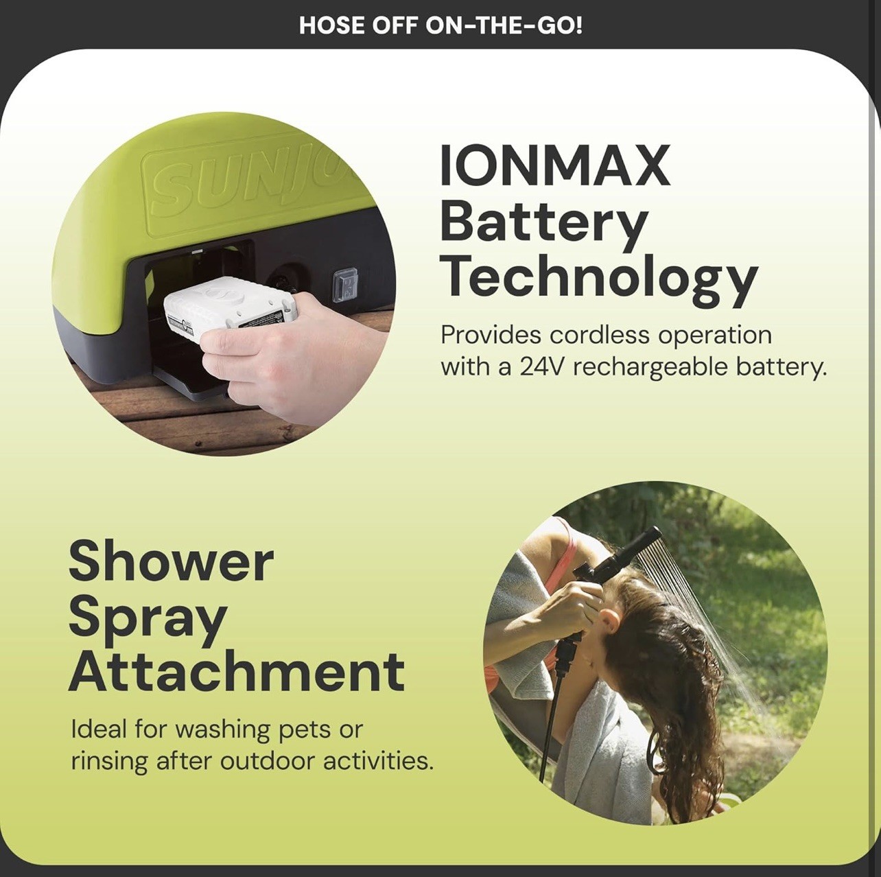 Sun Joe 24V IONMAX Cordless Sink/Shower Spray Washer Kit with Battery, WA24C-LTE