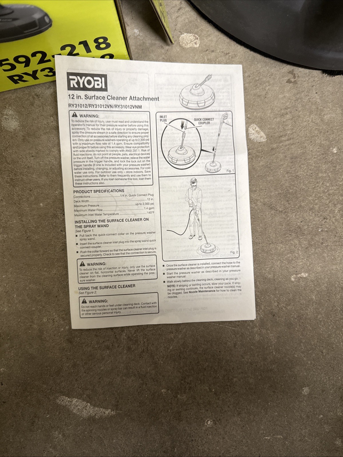 GENTLY USED RYOBI 12″ 2,300 PSI Electric Pressure Washers Surface Cleaner