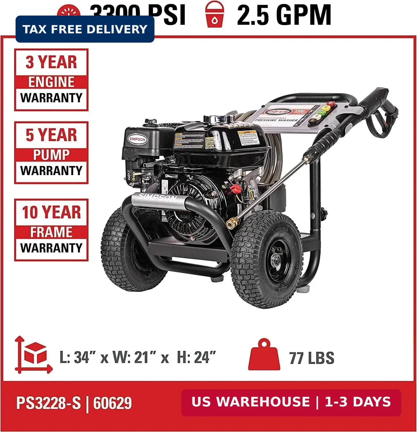 SIMPSON Cleaning PS3228 PowerShot 3300 PSI Gas Pressure Washer, 2.5 GPM, Honda G