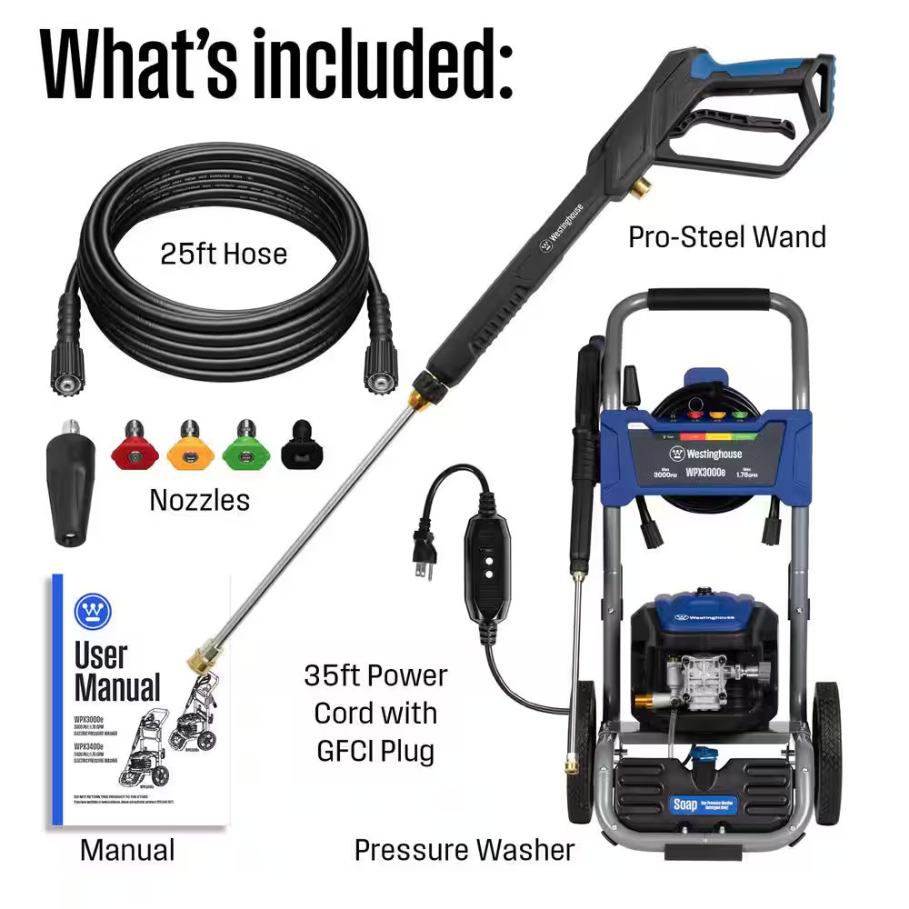 3000 Max PSI 1.76 Max GPM 13 Amp Cold Water Electric Powered Pressure Washer wit