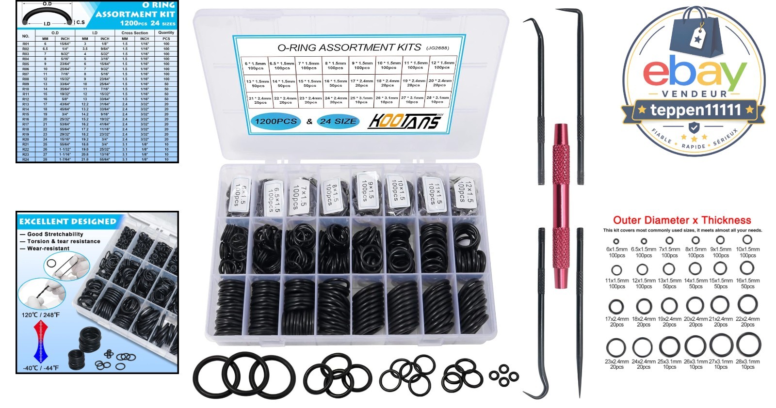 1200Pcs Nitrile Rubber O Ring Assortment 24 Sizes Sealing Washers