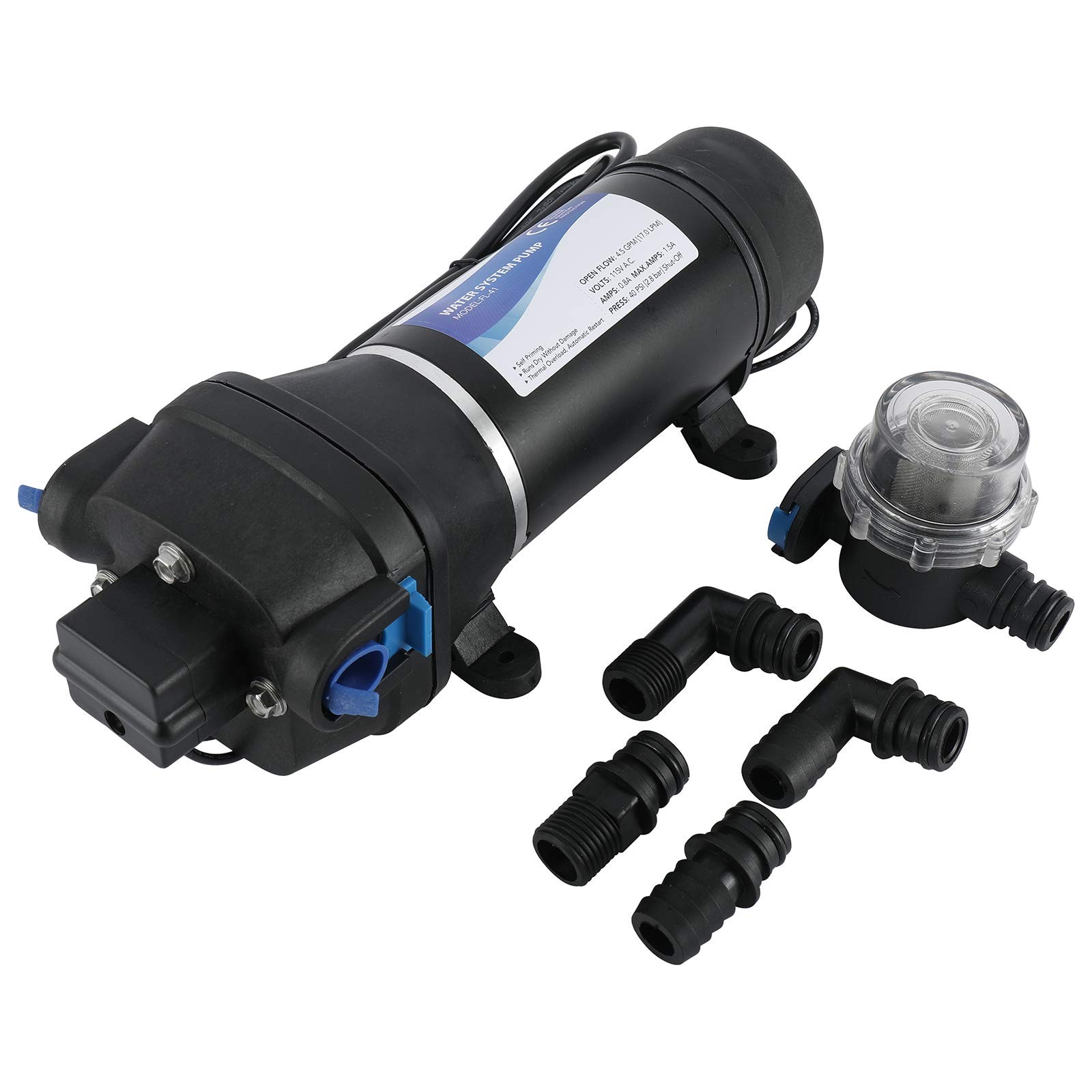 AC 115V Self Priming Water Pressure Diaphragm Pump 17LPM/4.5GPM 40PSI/2.8bar …