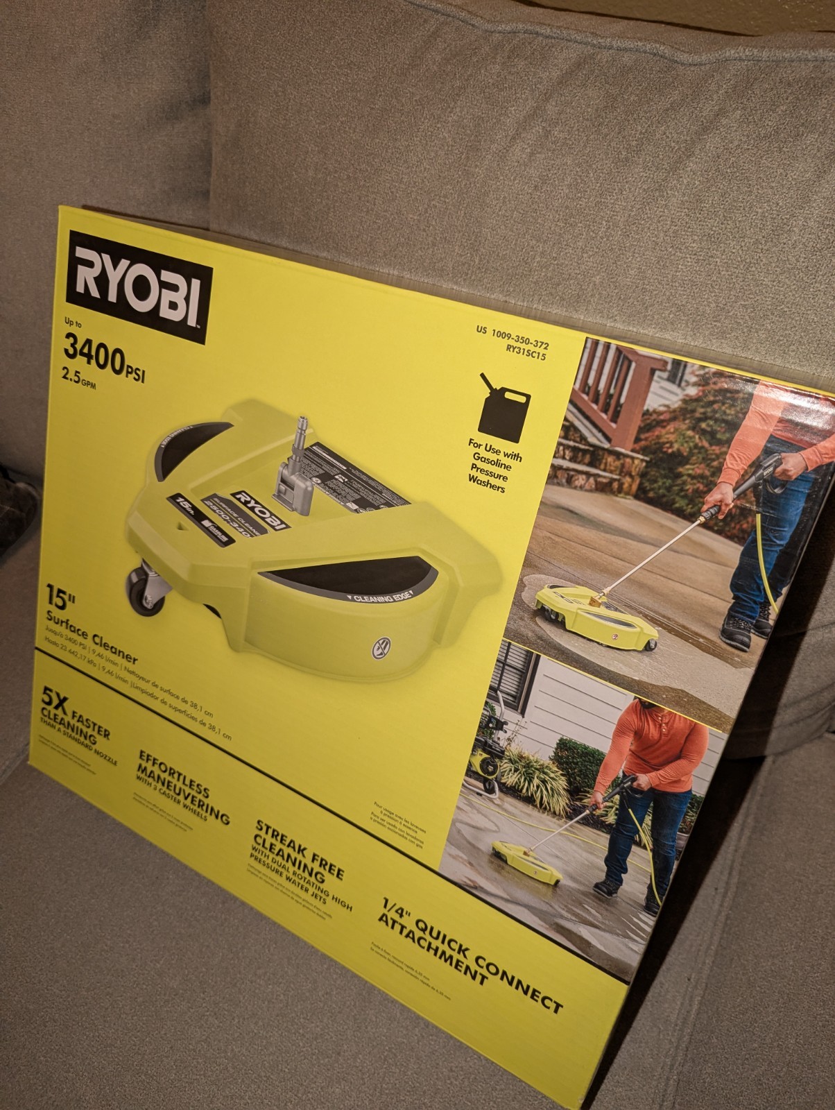 RYOBI 15″ 3400 PSI Gas Pressure Washer Surface Cleaner w/Caster Wheels RY31SC15