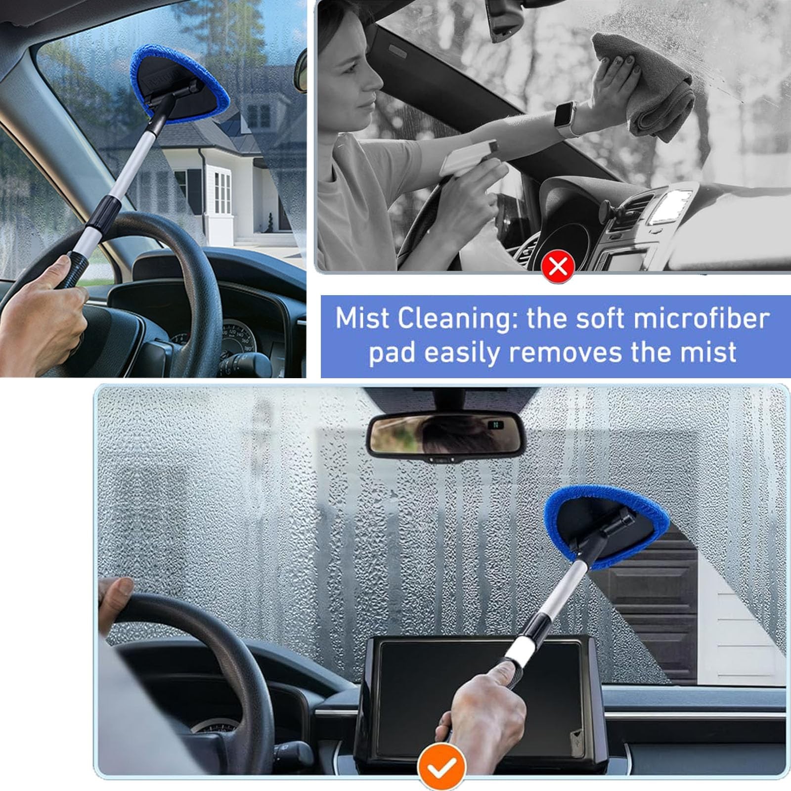 Windshield Cleaner Tool with Reusable Microfiber Pads Inside Car Window