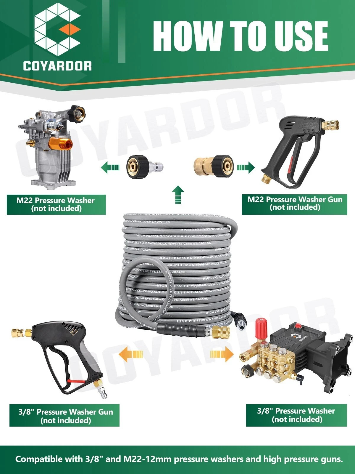 COYARDOR 4500 psi High Power Washer Hose 3/8″ for Hot Water, Non Marking Rubber