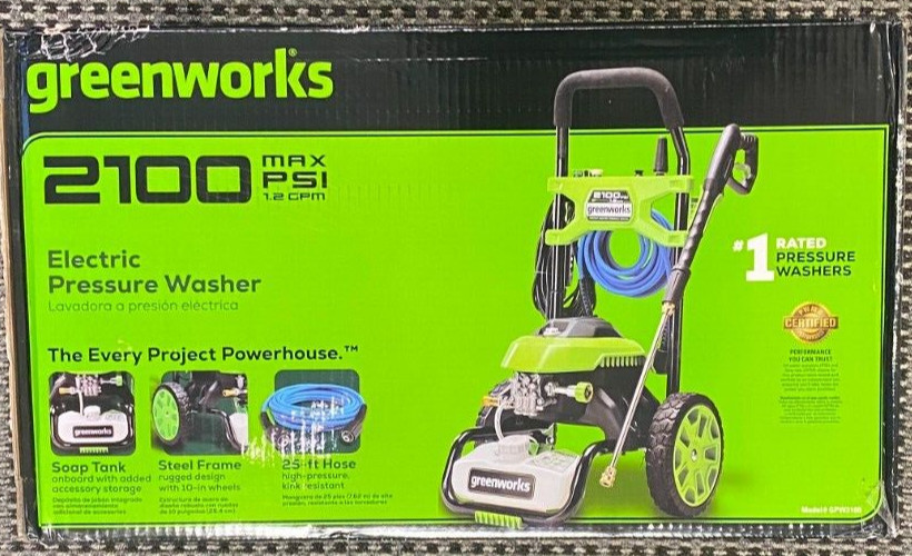 Greenworks 2000 PSI 1.2 GPM Electric Pressure Washer 25Ft Hose 35Ft Cord GPW2100