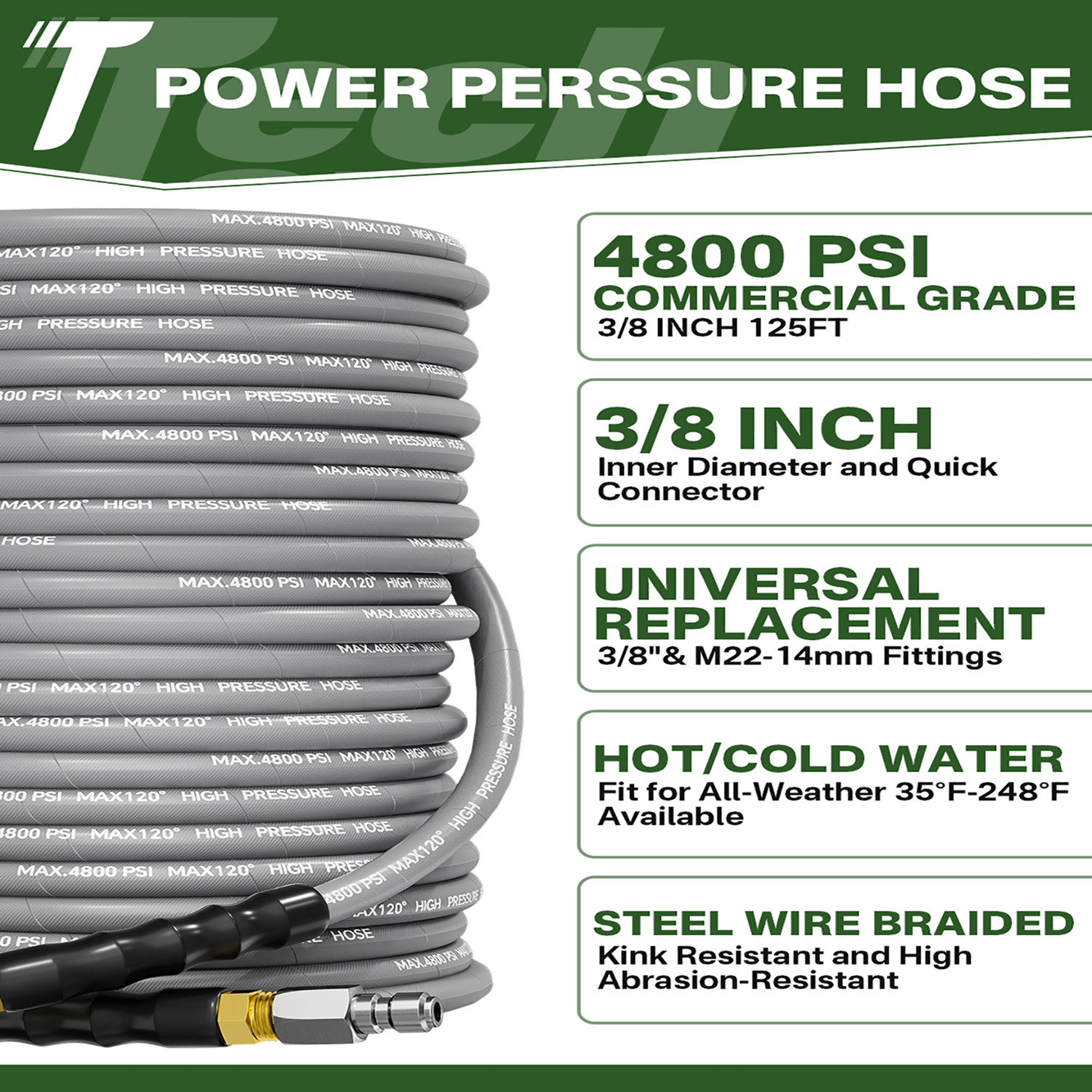 200FT 3/8″ 4800PSI Pressure Washer Hose with Swivel Quick Connect Max 248°F
