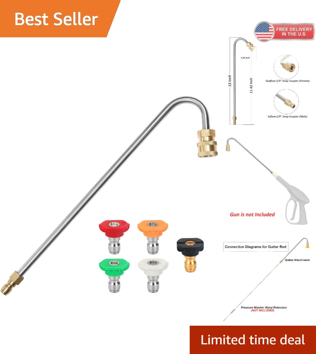 Adjustable Pressure Washer Gutter Cleaning Attachment 4000PSI 13IN 1/4QC with 5