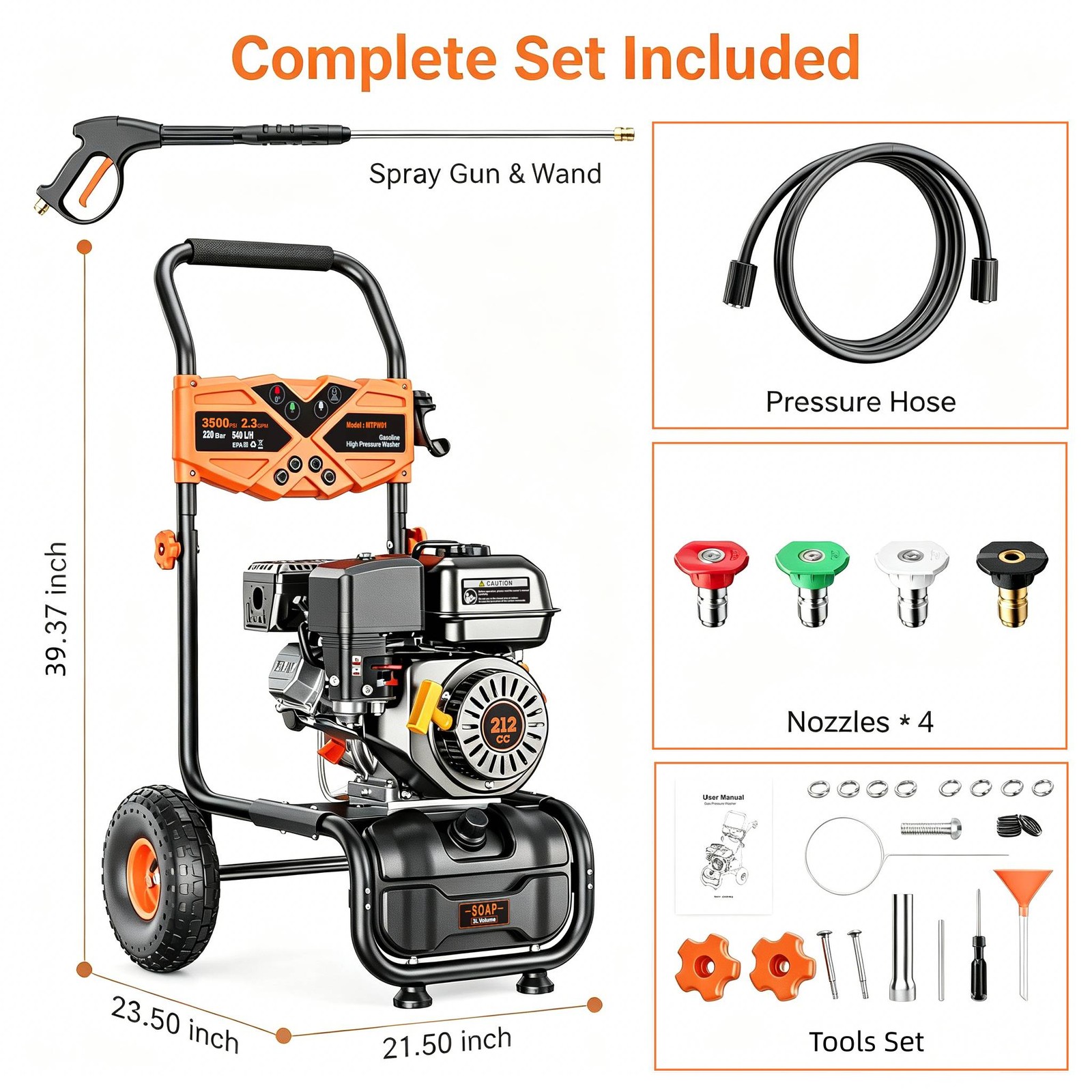 Efurden Gas Pressure Washer 3500PSI 2.3GPM Gas Powered Washer with Soap Tank