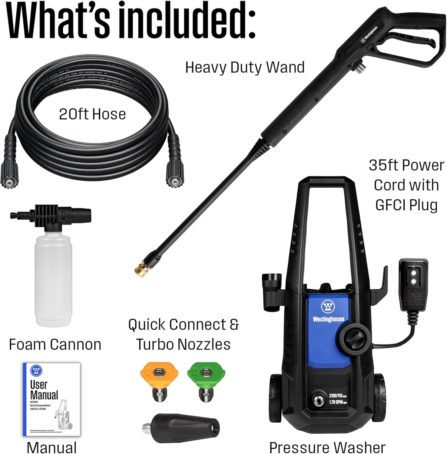 Westinghouse ePX3050 Electric Pressure Washer, 2100 Max PSI 1.76 Max GPM with Fo