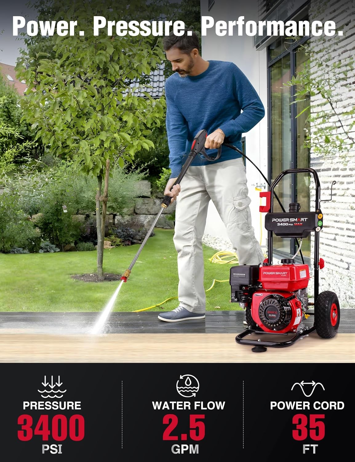 Gas Pressure Washer 3400 PSI 2.5 GPM 212CC W/ Onboard Soap Tank Metal Spray Wand