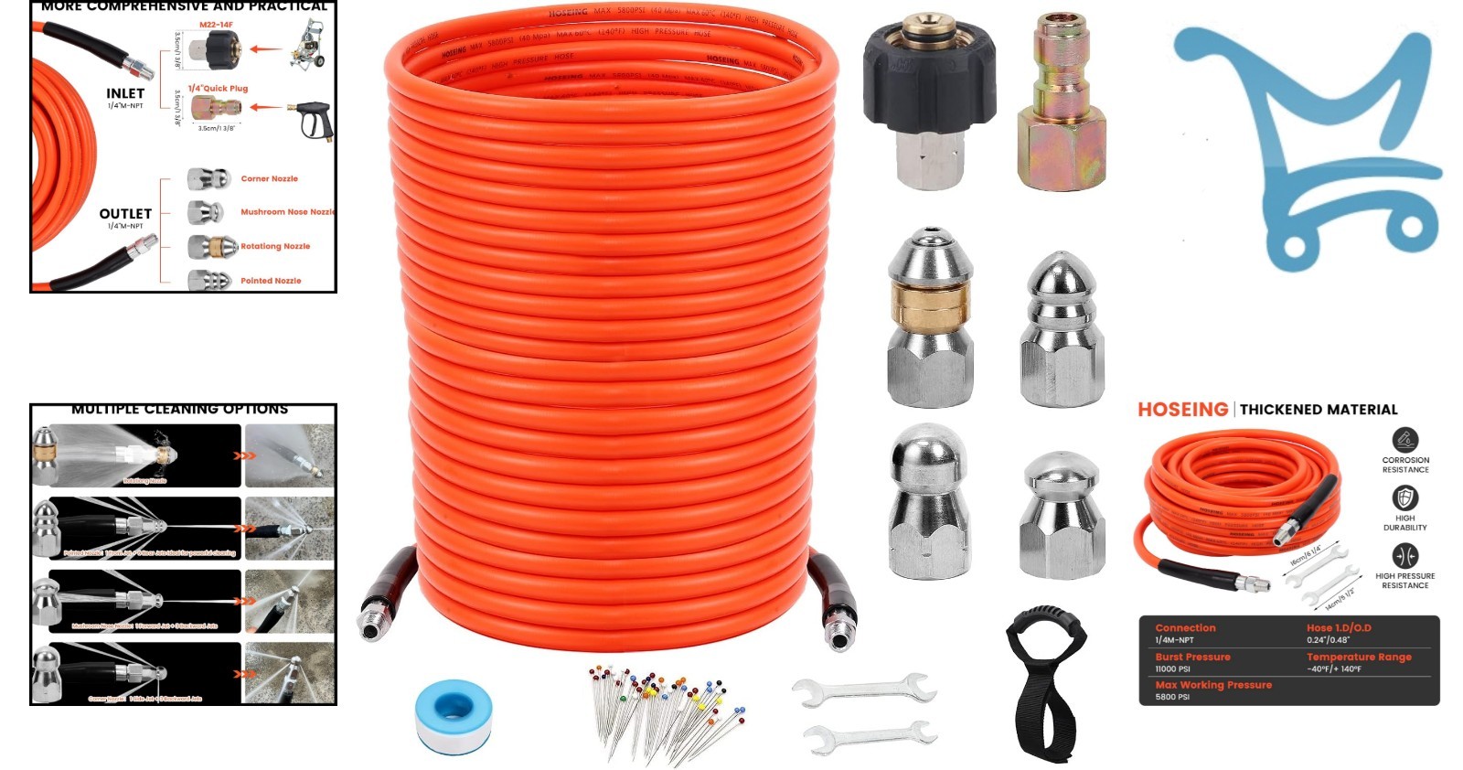 150FT Sewer Jetter Kit Pressure Washer Nozzles Hose Drain Cleaner 5800 PSI
