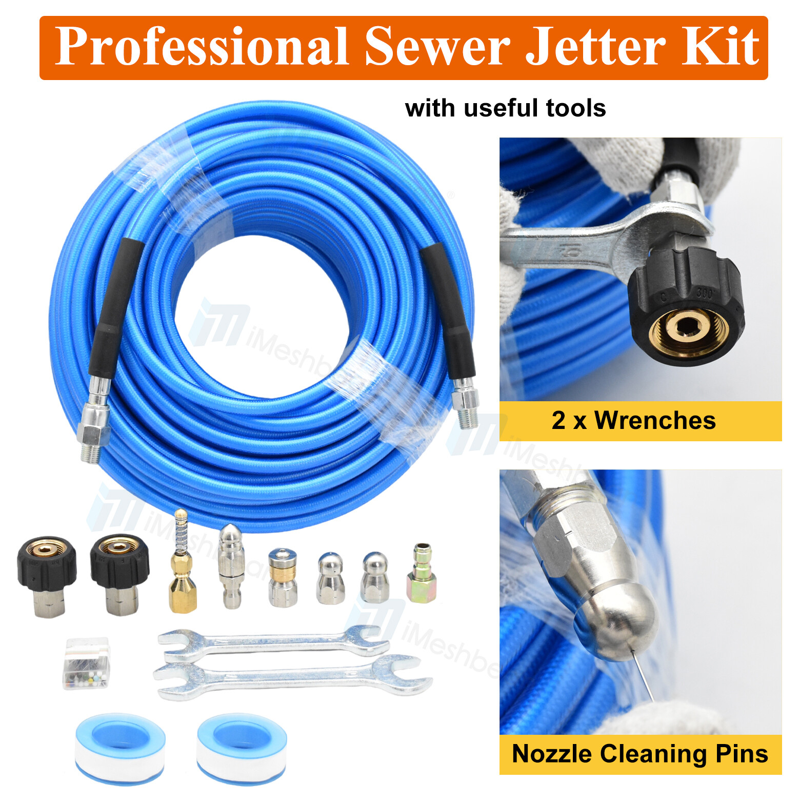 50’/150’/200′ 1/4″ Hose Sewer Line and Drain Jetter Kit w/ Sewer Nozzle&Adapters