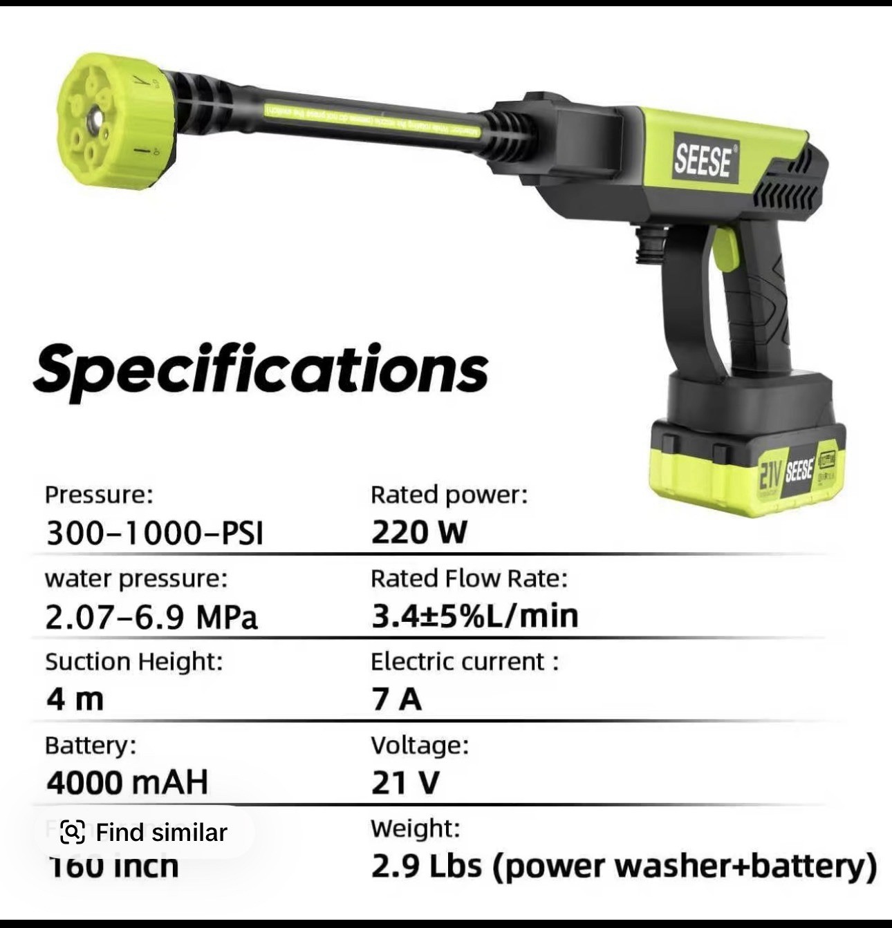 SEESE 21V Cordless Portable Pressure Washer 1000 PSI Water Gun Kit Battery