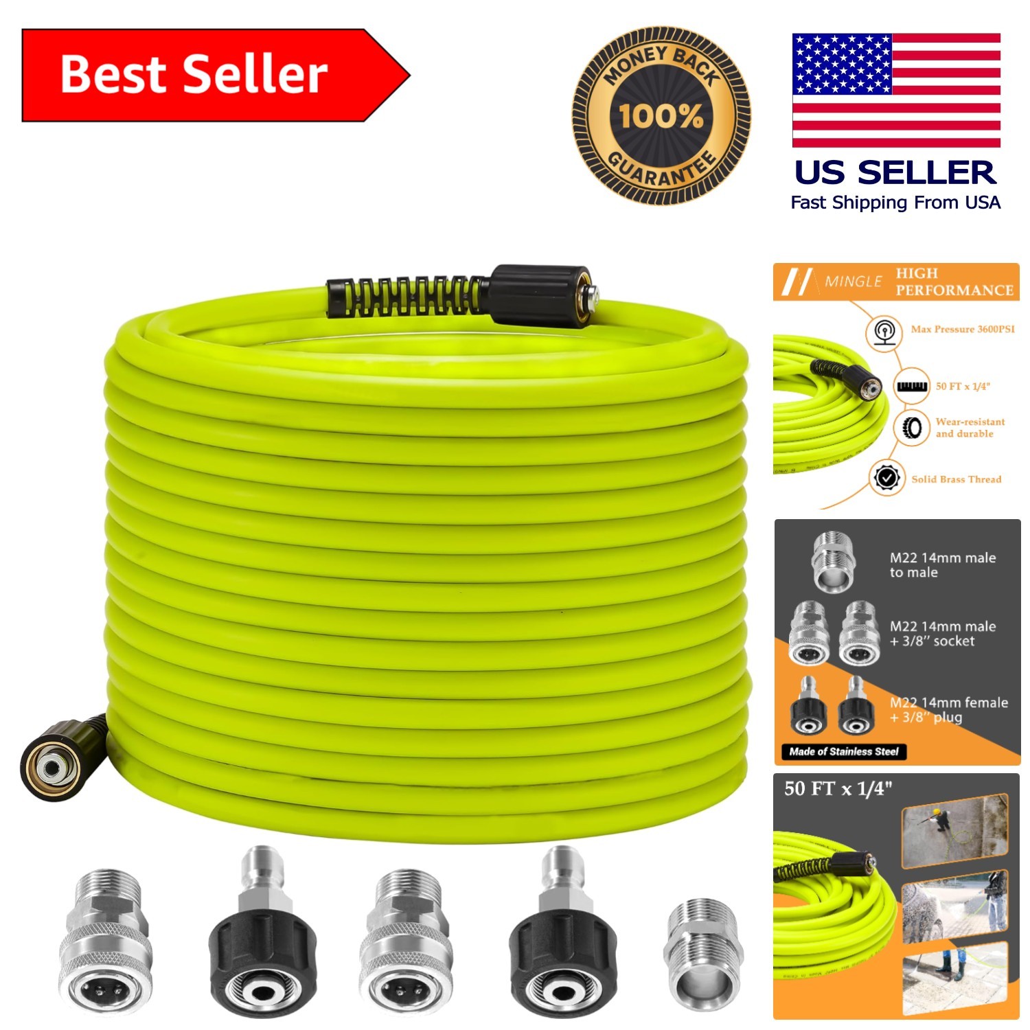 50 FT x 1/4″ Pressure Washer Hose with Secure M22 Quick-Connect Adapters