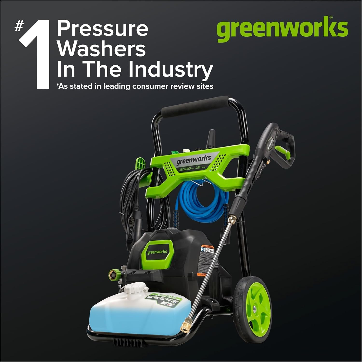 2000 PSI (1.2 GPM) Electric Pressure Washer, Steel Wand, On-Board Soap Tank (25°