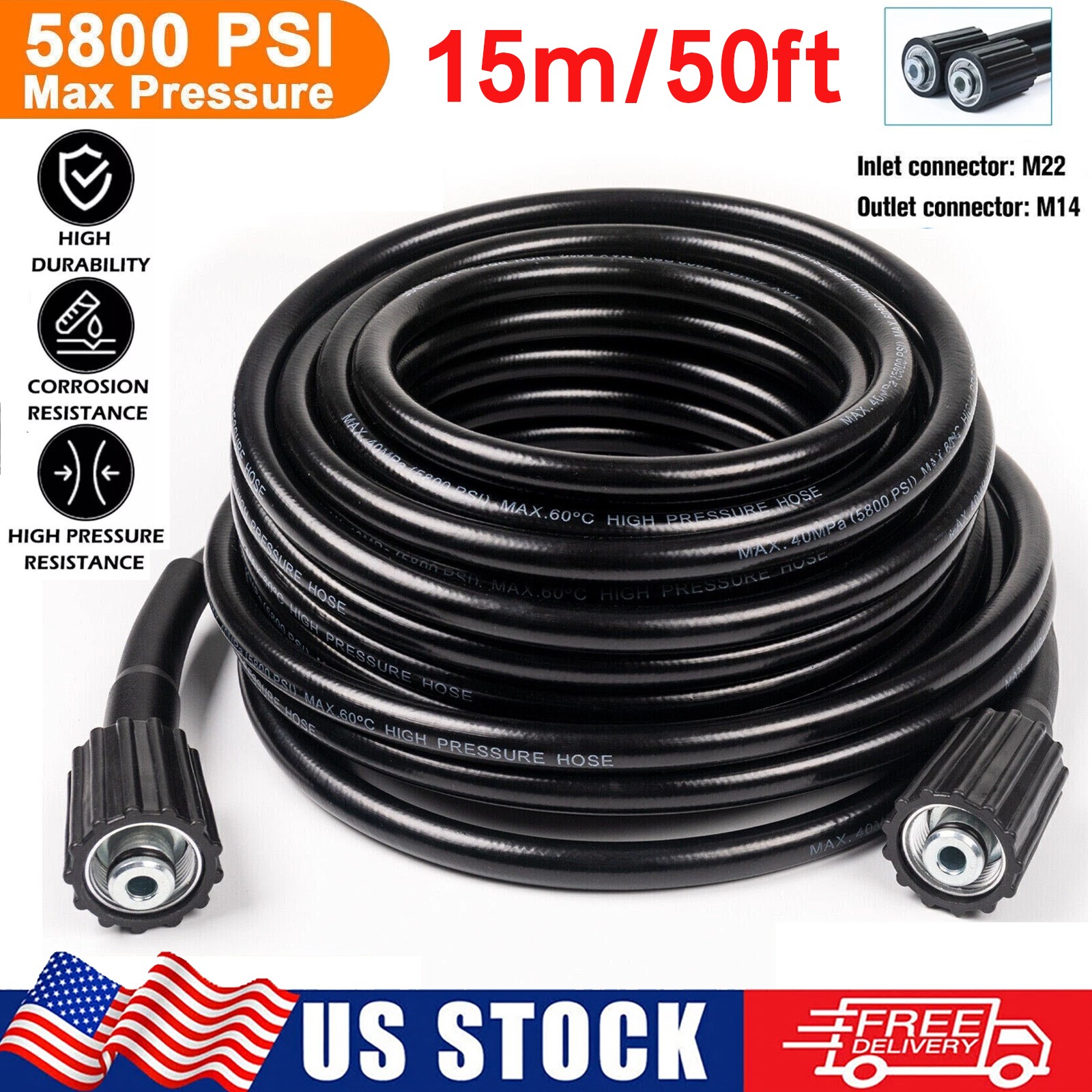 High Pressure Washer Hose 15M/50FT 5800PSI M22-14mm Power Washer Extension Hose