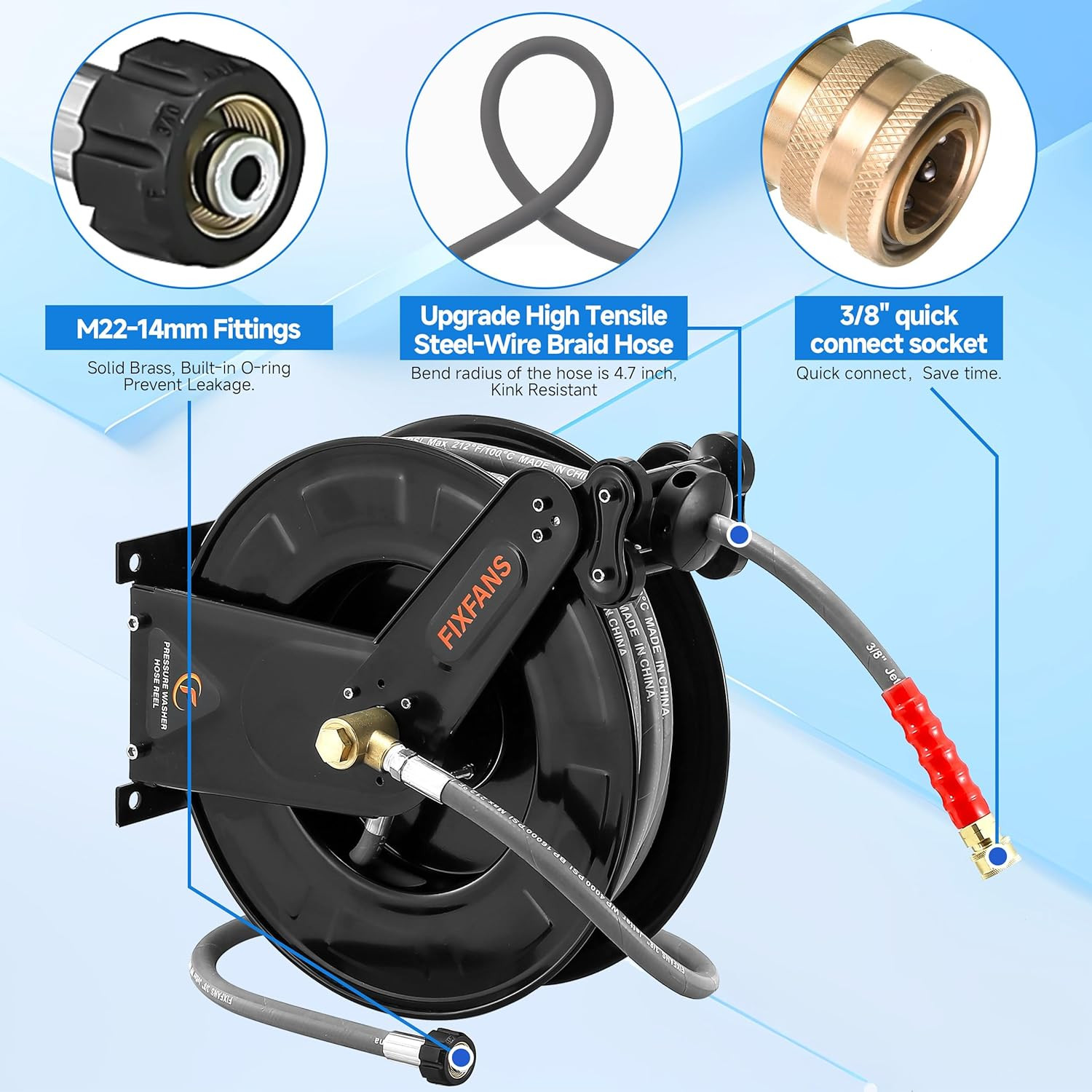 FIXFANS Pressure Washer Hose Reel with Hose for Hot and Cold Water, 3/8″ X 50 FT
